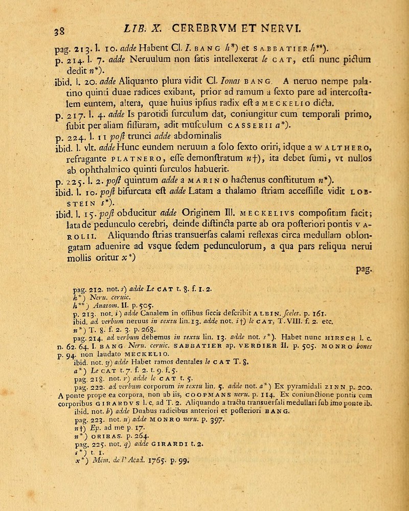 pag. 213.1. 10. adde Habent Cl. /. b a n g /z*) et s a b b a ti er /2**). p. 214.1. 7« adde Neruulum non fatis intellexerat le cat, etfi nunc piclum dedit »*). ibid. i. 20. adde Aliquanto plura vidit Cl. Tonas bang. A neruo nempe pala- tino quimi duae radices exibant, prior ad ramum a fexto pare ad intercofta- lem euntem, altera, quae huius ipfius radix eftaMECKELio dicla. p. 217.1. 4- adde Is parotidi furculum dat, coniungitur cum temporali primo, fubit per aliam fifliiram, adit mufculum c a s s erii a*). p. 224.1. 11 pofl trunci adde abdominalis ibid. 1. vlt. a^Hunc eundem neruum a folo fexto oriri, idque awALTHERo, refragante platnero, efle demonftratum wf), ita debet fumi, vt nullos ab ophthalmico quinti furculos habuerit. p. 225.1. z. pofl quintum adde a ma rin o haclenus conftitutum «*). ibid. 1. 1 o. poji bifurcata eft adde Latam a thalamo ftriam acceflifle vidit lob- STEIN S*). ibid. 1. i$-poJl obducitur adde Originem III. meckelivs compofitam facit; latade pedunculo cerebri, deinde diftincla parte ab ora pofteriori pontis v a- rolii. Aliquando ftrias transuerfas calami reflexas circa medullam oblon- gatam aduenire ad vsque fedem pedunculorum, a qua pars reliqua nerui mollis oritur**) pag. pag. 212. not. s) adde Le C AT t. §. f. 1. 2. h*') Neru. ceruic. h**) Anatom.li. p.505:- p. 213. not.») adde Canalem in offibus flecis defcribit A T.siti.fcekt. p. 161. ibid. ad verbum neruus in textu lin. 13. adde not. if) le cat, T.VIII. f. 2. etc. «*)T. 8.- f-2. 3- P-268. pag. 214. adverbam debemus in textu lin. 13. adde not. s*). Habet nunc hirsch 1. c. n. 62.64. I. bang Neru. ceruic. sabbatier ap. verdier II. p. 505. monro bones p. 94. non laudato meckelio. ibid. not. if) adde Habet ramos dentales le c A T T. g. a*) Le cat t. 7. f. 2. t. 9. f.5. pag. 218- not. r) adde k cat t. 5. pag. 222. ad verbum corporum in textu lin. 5. adde not. a*) Ex pyramidali zinn p. 2CO. A ponte prope ea corpora, non ab iis, coopmans neru. p. 114. Ex coniun£lione pontis cum corporibus girakdvs 1. c. ad T. 2. Aliquando a traclu transuerfalimeduliarifubimopoiueib. ibid. not. b) adde Duabus radicibus anteriori et pofteriori BANG. pag. 223. not. u) adde monro neru. p. 397. »t) E-p. ad me p. 17. »*) oribas. p. 264. pag. 225. not. q) adde GIRARDI t. 2. ,*) t. 1. x*) Mcm. dePAcad. \J<S%. p. 99,