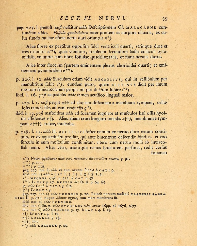 pag. 225.I. penulc pojl nafcitur adde Defcriptionem Cl. malacarne con- iunclim addo. Fojfu/a quadri/ateraimer pontem et corpora oliuaria, ex cu- ius fundo multae fibrae nerui duri oriuntur z*). Aliae fibrae ex partibus oppofitis fulci ventriculi quarti, vtrinque duae et tres oriuntur z**), quae vniuntur, tranfeunt fecundum bafin colliculi pyra- midalis, vniuntur cum fibris foflulae quadrilateralis, et fiunt neruus durus. Aliae inter rloccum (partem eminentem plexus chorioidei quarti) et emi- nentiam pyramidalem z***). p. 226.I. 12. adde Surculum etiam vidit meckelivs, qui iii veftibulum per manubrium fubit i*), eundem puto, quem bertinvs dicit per imum meatum femicircularem proprium per duclum fubire i **). ibid. I. 16. pojl aequabilis adde tamen acuftico linguali maior, p. 227.1. 1 • poft pergit adde ad aliquam diftantiam a membrana tympani, cellu- lofis tamen filis ad eam reuinclis q*). ibid. 1. 1 3. pq.ft maftoideas adde ad foramen iugulare et mufculos bafi ofiis hyoi- dis afiidentes e\). Alias etiam cruri longiori incudis eff), membranae tym- pani efft); tubae, mufculis, p. 228- 1. 12. adde III. meckelivs habet ramum ex neruo duro riatum conti- nuo, vt ex aquaedudtu prodiit, qui ante biuentrem defcendit bifidus, et vno furculo in eum mufculum confumitur, altero cum neruo molli ab interco- ftali ramo. Alter vero, maiorque rainus biuentrem perforat, redit verfus foramen z*) Nuova ejpojiziotie della vera firuttura del cervelleto umatio, p. 91. £**) p. III. %***) p. 112. pag. 226. not. b) adde Vt eum neruus fubeat /ecATt.9. ibid. not. i) adde lecAT t. 3. f. 3. T. 8- f- 8- T.3. i*) meckel epift. p. 212. le cat p. 57. ***) Le cat p. 57. bep.tin des Os 11. p. 64- 6$. q) adde Conf. ItcAT t. g. £ 2. qt) Le CAT t. 8. pag. 227. not. z) adde loeseke p. 20. Reiecit neruum mufculi casserii sabba- tier II. p. 676- neque videtur egere, cum mera membrana fit. ibid. not. a) adde loeseke. ■ ibid. not. c) lin. 2. adde dvverney mem. avant 1699. ad 1676, 1677. ibid. not. d) adde loeseke p. 17. U CAT t. 4. f, 18. efj Le cat t. 4. f. 10. e\\) lo eseke p. i8- 'ttt) Ibid. e*) adde loeseke p. 20,