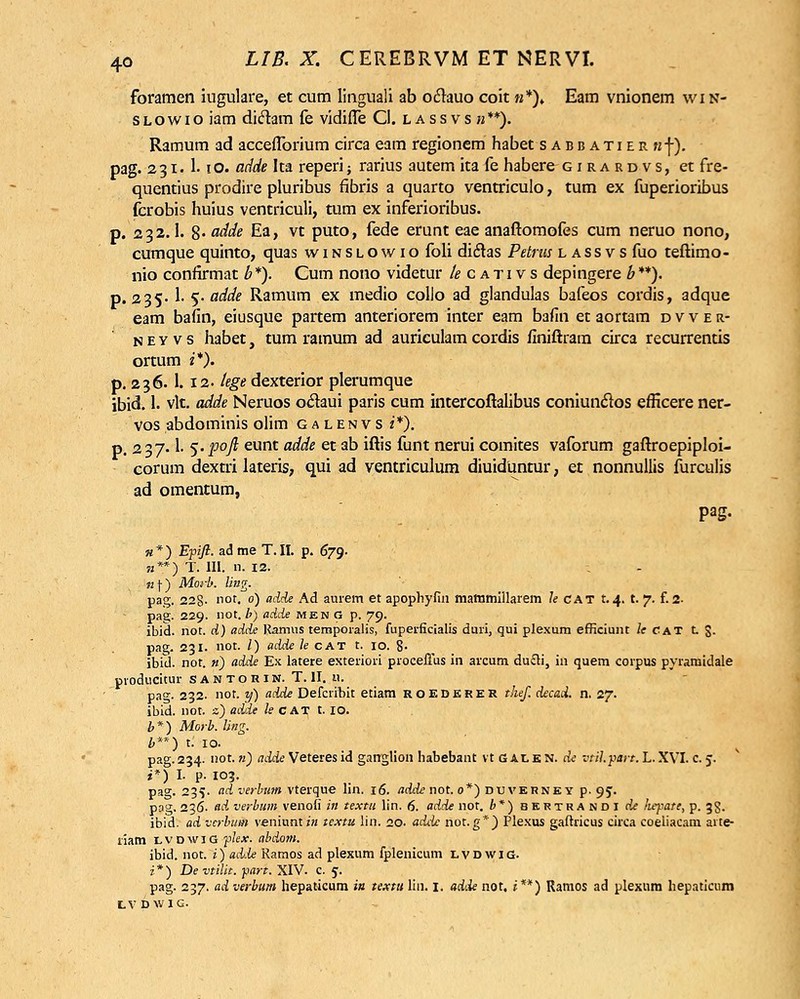 foramen iugulare, et cum linguali ab oclauo coit «*)» Eam vnionem wi n- slowio iam diclam fe vidifle Cl. lassvsb**). Ramum ad acceflbrium circa eam regionem habet sabbatierb|). pag. 231. L 10. adde Ita reperi} rarius autem ita fe habere girardvs, et fre- quentius prodire pluribus fibris a quarto ventriculo, tum ex fuperioribus fcrobis huius ventriculi, tum ex inferioribus. p. 232.1. 8« odde Ea, vt puto, fede erunt eae anaftomofes cum neruo nono, cumque quinto, quas winslowio foli di6tas Petrus lassvs fuo teftimo- nio confirmat b *). Cum nono videtur /jcativs depingere b **). p. 235. 1. 5. adde Ramum ex medio collo ad glandulas bafeos cordis, adque eam bafin, eiusque partem anteriorem inter eam bafin et aortam dvver- n e y v s habet, tum ramum ad auriculam cordis finiftram circa recurrentis ortum z*). p. 236. 1. 12. tege dexterior plerumque ibid. 1. vlt. adde Neruos odaui paris cum intercoftalibus coniunclos eflicere ner- vos abdominis olim galenvs i*). p. 2 37-1- 5'P°fi eunt a^e et a^ l^s ^unt nerui comites vaforum gaftroepiploi- corum dextri lateris, qui ad ventriculum diuiduntur, et nonnullis furculis ad omentum, Pag- «*) Epifi. adme T.II. p. 679. »**) T. III. 11. 12. Bf) Morb. ling. pag. 228- not. 0) adde Ad aurem et apophyfin mammillarem le cat t. 4. t. 7. f. 2- pag. 229. not. b) adde men G p. 79. ibid. not. d) adde Hamus tempoialis, fuperficialis duri, qui plexum efficiunt le cat t g. pag. 231. not. I) adde Je cat t. 10. 8- ibid. not. «) adde Ex latere exteriori proceflus in arcum dutti, in quem corpus pyraniidale producitur santohik. T.II. u. pag. 232. nor. y) adde Defcribit etiam roederer thef. decad. n. 27. ibid. not. z) adde le CAT t. 10. b * ) Morb. ling. &**■) t. 10. pag.234. not. b) adde Veteres id garcglion habebant KGALEN. de vtil.part.L.XVl. c. 5. **) I. p. 103. pag. 23?. ad verbum vterque lin. 16. adde not. 0*) duverney p. 95. pag. 236. ad verbum venofi in textu lin. 6. adde not. b*) bertrandi de fiepate, p. 38. ibid. ad vcrbum veniuntt» tcxtu lin. 20. addc not.g*) Plexus gaftricus circa coeliacam arte- riam lvdwig flex. abdom. ibid. not. i) adde Ramos ad plexum fplenicum lvdwig. i*) De vtilit. part. XIV. c. 5. pag. 237. ad verbum hepaticum in textu lin. 1. adie not. »**) Ramos ad plexum hepaticum LV D WIG.