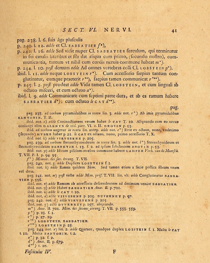 pag. 238- 1- 6. fuis iege plufculis p. 240. i. 12. adde et Gl. s a b b a t i e r /*), p. 242. i. 16. adde Sed vidit nuper Cl. sabbatier furculum, qui terminatur in fui canali.s lateribus et fila dat aliqua cum primo, (fecundo noftro), com- municautia, tantum vt nihil cum cordis neruis commune habeat m*\ p. 244.1. 10.pofl demum adde Ad omnes vertebras colli Cl. lobst msp*). ibid. 1. 11. adde neque lobstein r*). Cum accellbrio faepius tantum con- glutinatur, eumque praeterit r**), faepius tamen communicat r***). p. 245. 1. 2. poji prodeat adde Vidit tamen Cl. lob s t e i n, et cum linguali ab otitauo mifceri, et cum oclauo a*). ibid. 1. 9. adde Communicare cum feptimi partedura, et ab ea ramum habere S A BB A T IE R d*) ; CUm OclaUO /fCAT d**). psg- 238. adverbum pyramidalibus in textu lin. 3. adde not. r*) Ab imis pyramidalibus SANTORl N. T. II. ibid. not. z) adde Coninnclionem veram habet /e cat T. 10. Allquando cum eo nerua coniunpi olim galenvs de vttl. -part. VI. c. II. drovin p. 53. ibid. ad verbum augetur in tcxtu lin. antep. addc not. e*) Rete ex octauo, nono, vndecimo (fecundo) hvber babet p.21. le cat ex oc~tauo, nono, primo acceflorio T. X. ibid. not. h) adde vievssens p. 2,05. pag. 239. ad verbum fternothyreoideum in tcxtu lin. 3. adde not. /*) Sternohyoideum et fternothyreoideum berretin t. 13. f. 2. ad ipfum fubclauinm drovin p.53. ibid, not. p) adde Id cum pifcium cerebro coinmunehabere camper Verh. van deMaatfck. T.VII. P. I. p. 94. 95. /*) Mimoir. dcs fav. etrang. T. VII. pag. 240. not. g) adde Duplices lobs tein f. I. ibid. not. h) ad.de Ramns quidem Idem. Sed tamen etiani a facie poftica flbram vnam vel duas. pag. 241. not. m) yofi velle adde' Mcm. prcf. T. VII. lin. vlr. adde Conglutinatur sabba- TIER p. 556. ibid. not. n) adde Ramum ab accefforio defcendentem ad decimum venire sabbatier. ibid. not. y) adde Habet s abbatier Anat. II. p. 701. ibid. not. z) adde le CA T t. 10. ibid. not. a) adde vievssens p. 205. dtjverney p. 97. pag. 242- not. d) adde vi e vssen s p. 205. ibid. not. g) adde d vvern Ey p. 197. aliquando. m*) Anat. II. 701. Mem. des favansjtrang.^. VII. p. 558- 559» p*) p.28- f. I. »■*) p. 27. 29. r ** ) lobstein, sabbatier. r*** )LOBSTElNp. 28- pag. 244. not. x) lin. 2. adde Quatuor, quodque duplex LO ESTEIN f. I. Multa le CAT 1.10. Multa santorin. t. 2. «*) p. 32. f. 2. d*) Anat. II. p. 679. d**) t. 10. Fafricuius IV. F