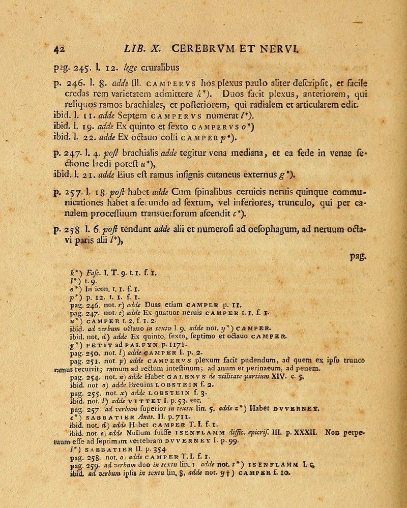 pag. 245. I. 12. tege cruralibus p. 246. 1. §. addelW. campervs hos plexus paulo aliter defcripflt, et facile credas rem varietatem admittere k*). Duos facit plexus, anteriorem, qui reliquos ramos brachiales, et pofteriorem, qui radialem et articularem edit. ibid. I. ix. adde Septem campervs numerat/*). ibid. I. 19. adde Ex quinto et fexto campervso*) ibid. I. 22. adde Ex octauo colli CAMPERp). p. 247.1. 4. fofi brachialis adde tegitur vena mediana, et ea fede in venae fe- clione hiedi poteft u*)f ibid. 1. 21. adde Eius efi: ramus infignis cutaneus externus £ *). p. 257.1. ig. poji habet adde Cum fpinalibus ceruicis neruis quinque commu- nicationes habet a fecundo ad fextum, vel inferiores, trunculo, qui per ca- nalem proceffuum transuerforum afcendit c*). p. 258 1. 6 pofi tendunt adde alii et numeroli ad oefophagum, ad neruura octa- vi paris alii /*), **) Fafc. I. T. 9. t.i. £t **) t.9. 0*) In icon. 1.1. f. 1. p*) p. 12. t. 1. f. 1. pag. 246. not. r) ndde Duas etiam CAMPER p. II. pag. 247. mot. t) adde Ex quatuor neruijs camp er 1.1. f. S. «*) camper t. 2. f. 1.2- ibid. ad verbum oftauo in textu 1. 9. adde not. y*) camper. ibid. not. d) adde Ex quinto, fexto, feptimo et o£teuo cAitFER, g*) PETIT ad PAI.FYN p.II7I. pag. 250. not. I) flcicfe camper I. p. 2. pag. 251. not. p) adde campervs plexum facit pudendum, ad quem ex ipfo trunco *amus recurrit; ramum ad reitum inteftinum;, ad anum. et perinaeum, ad penem. pag. 254. not. n) ad'ie Habet Galenvs de vtilitate -partium XIV- c. J. ibid. not 0) adde Jjreuius lobsteim f. a. pag. 255. not. x) adde lobstein f. 3. ibid. not. /) adde v 1 t tet I. p. 53. etc. pag. 257. ad verbum fuperior in textu lin. 5. adde %*) Habet DVVERNES. «*) sabbatier Anat. II. p. 711. ibid. not. d) adde H;bet camper T. I. f. I. ibid. not. e, adde Nullum ftiiffe isenflamm diffic. epicrif. III. p. XXXII. Noo perpe» tuum effe ad feptimam vertebram &v v er n e y I. p. 99. I*) sabbatier II. p-354 pag. 258. not. 0) adde camperT.I. f.i. pag. 259- ad verbum duo in textu lin. t addenot.t*) ISENFLAMM I. $. ibld. ad vtrbum ipfis in textu \h\ g, adde not. y f) ca mp BR f. 10.