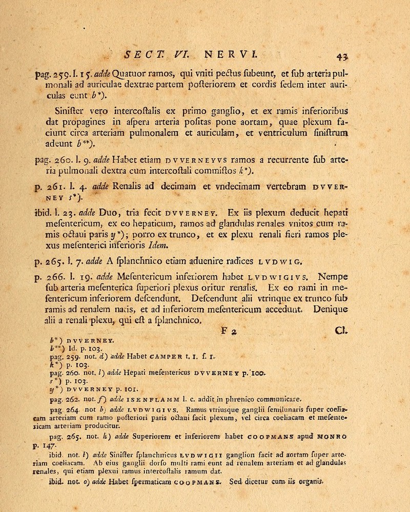 pag. 259.1.1J. <&/</« Quatuor ramos, qui vniti pedtus fubeunf, et fub af teria pul- monali ad auriculae dextrae partem pofteriorem et cordis fedem inter aiari- culas eunt b*). Sinifter vero intercoftalis ex primo ganglio, et ex ramis inferioribus dat propagines in afpera arteria pofitas pone aortam, quae plexum fa- ciunt circa arteriam pulmonalem et auriculam, et ventriculum finiftrura adeunt b**). pag. 260.1. 9. adde Kabet etiam dvverneyvs ramos a recurrente fub arte- ria pulmonali dextra cum intercoftali commiftos k *). p. 261. I. 4. adde Renalis ad decimam et vndeclmam vertebram dvver- ney /*). ibid. 1. 23. adde Duo, tria fecit dvverney. Ex Iis plexum deducit hepatf mefentericum, ex eo hepaticum, ramos ad glandulas renales vnitos cum ra- mis octaui paris y*); porro extrunco, et ex plexu renali fieri ramos ple- xus mefenterici inferioris Idem. p. 265.1. 7. adde A fplanchnico etiam aduenire radlces lvdwig. p. 266. !. 19. adde Mefentericum inferiorem habet lvdwigivs. Nempe fub arteria mefenterica fuperiori plexus oritur renahs. Ex eo rami in me- fentericum inferiorem defcendunt. Defcendunt alii vtrinque ex trunco fub ramis ad renalem naris, et ad inferiorem mefentericum acceduat. Denique alii a renali plexu, qui eft a fplanchnico. F» CL &*) DVVERNEY. b**) Id. p. 103. pag. 259. not. d) adde Habet CAMPER t. 1. f. 1.. **) p. 103. pag. 260. not. I) ad.de Hepati rnefenterkus dvverney p.'lOO- s*) p. 103. y*) DVVERNEYp. IOI. pag. 262. not./*) adde isenflamm 1. c. addit in phrenico comnHinicare, pag 264- not b) adde lvdwigivs. Ramus vtrhisque ganglii femilunaris fuper coeE*- cam arteriam cum ramo pofteriori paris ottaui facit plexum, vel circa coeliacam et mefente» licam arteiiam producitur. pag. 265. not. h) adde Superiorem et rnferiorei» habet goopmanS apud monro p. 147. ibid not. I) adde Sfnffter fpIanchiTicus lvdwigii ganglion facit ad aorfam fnper arte- riam coeliacam. Ab eius ganglii dorfo multi rami ennt ad renalern arteriam et a<l glandulas tenales, qui etiam pJexui ramus intercoftalis ramum dat.