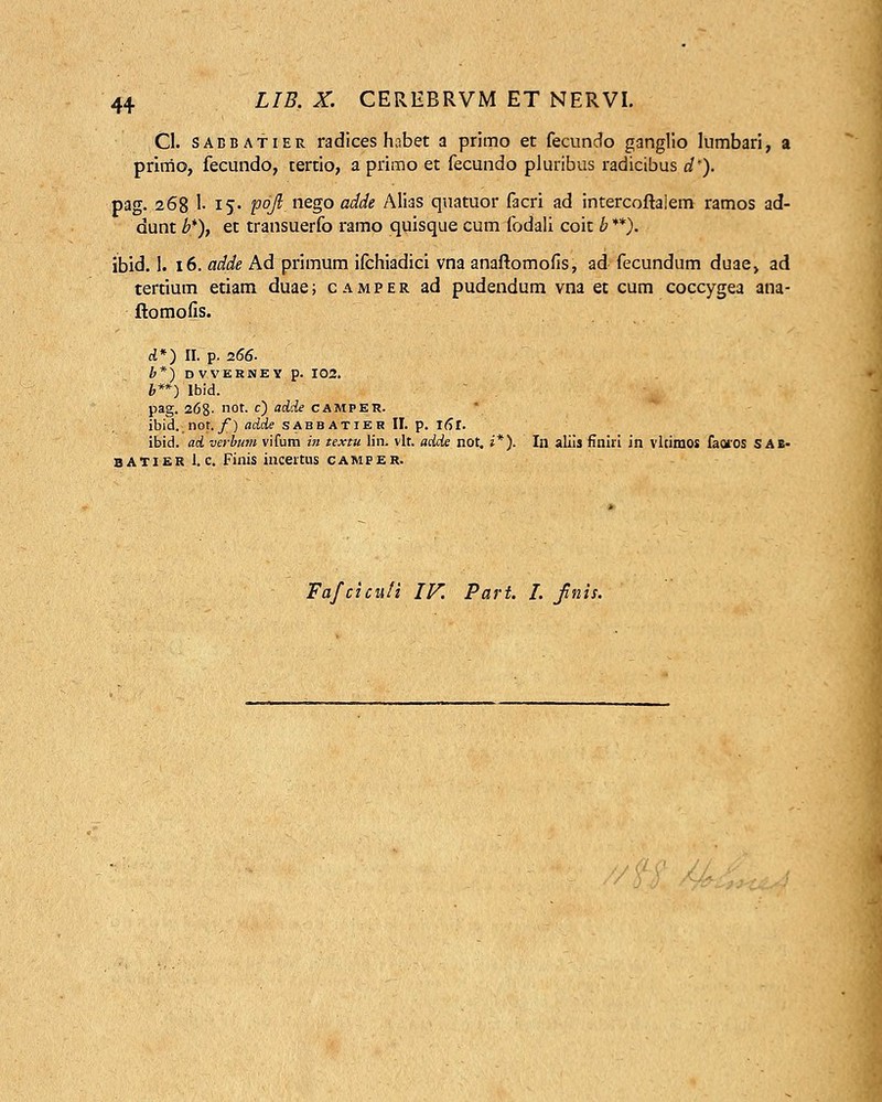 CI. sabbatier radices habet a primo et fecundo ganglio lumbari, a prirrio, fecundo, tertio, a primo et fecundo plunbus radicibus dr). pag. 268 '■ 15- pofi nego adde Alias quatuor facri ad intercoftalem ramos ad- dunt b*)} et transuerfo ramo quisque cum fodali coit b **). ibid. 1. 16. adde Ad primum ifchiadici vna anaftomofis, ad fecundum duae> ad tertium etiam duae; camper ad pudendum vna et cum coccygea ana- ftomofis. d*) II. p. 266. b*) DVVERNEY p. 102. b**) lbid. pag. 268- not. c) ad.de camper. ibid.not. f) adde sabbatier II. p. r6t. ibid. ad verbum vifum in textu lin. vlt. adde not. i*). In aliis finiri in vlrimos faoros S AB- batier I. c. Finis incertus camper.