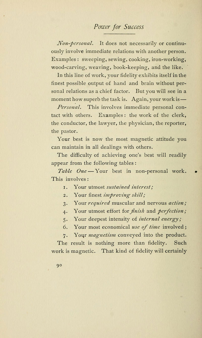 Non-personal. It does not necessarily or continu- ously involve immediate relations with another person. Examples : sweeping, sewing, cooking, iron-working, wood-carving, weaving, book-keeping, and the like. In this line of work, your fidelity exhibits itself in the finest possible output of hand and brain without per- sonal relations as a chief factor. But }^ou will see in a moment how superb the task is. Again, your work is — Personal. This involves immediate personal con- tact with others. Examples : the work of the clerk, the conductor, the lawyer, the physician, the reporter, the pastor. Your best is now the most magnetic attitude you can maintain in all dealings with others. The difficulty of achieving one's best will readily appear from the following tables : Table One — Your best in non-personal work. This involves: i. Your utmost sustained interest; 2. Your finest improving- skill; 3. Your required muscular and nervous action; 4. Your utmost effort iorjinisk and perfection ; 5. Your deepest intensity of internal energy ; 6. Your most economical use of time involved ; 7. Yoiir magnetism conveyed into the product. The result is nothing more than fidelity. Such work is magnetic. That kind of fidelity will certainly