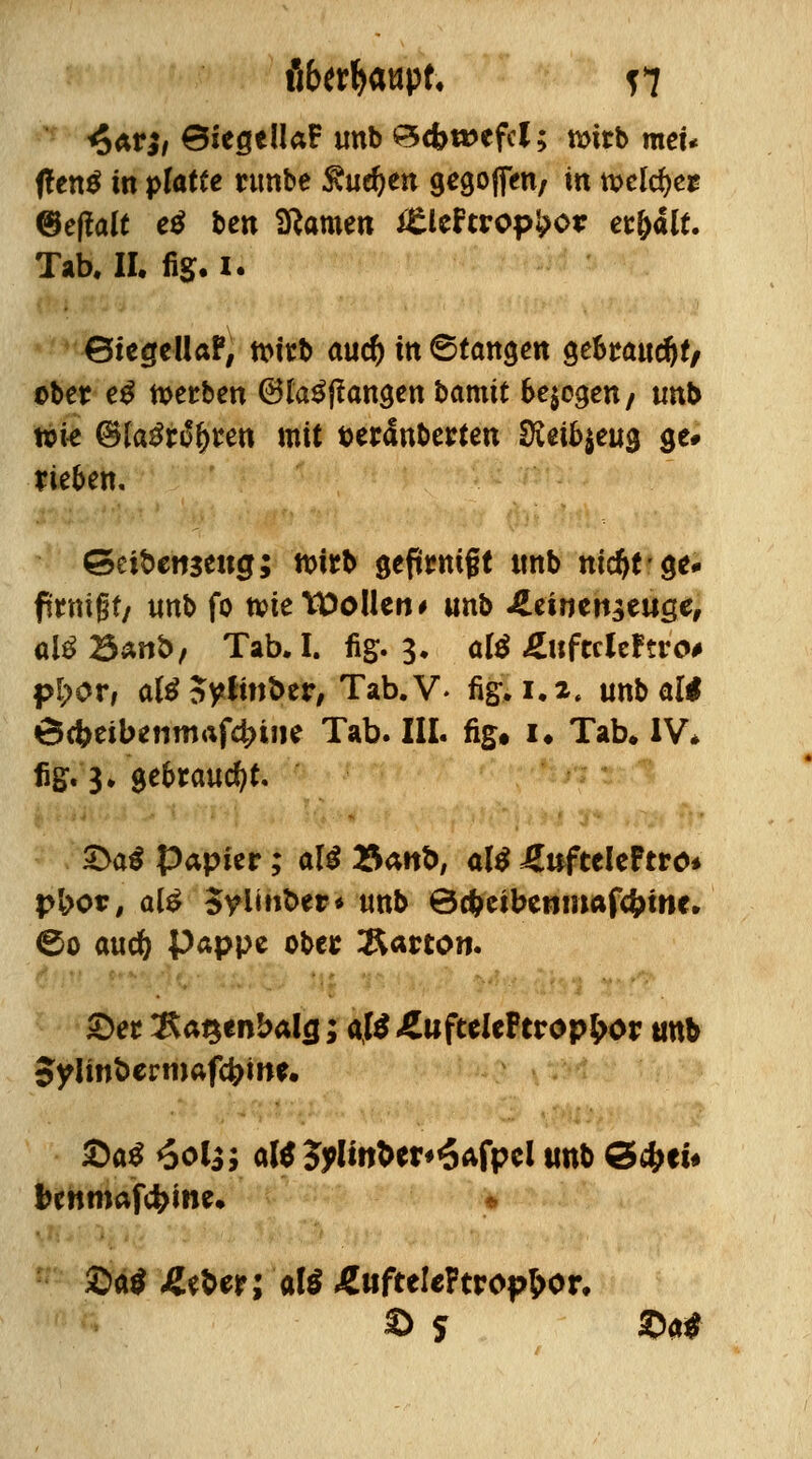 *5arj, ÖiegellaF unb &4>ti>efcl; wirb mei« ffentf in platte nmbe Ruften gegoffen/ in mlfttt ©eftat e$ ben tarnen ittzftvopfycv etfyalt. Tab. II. fig. i. 0tegeüaP, nwb aud) in ©teuren $tf>tawfyt, ober e£ n>etrben ©(auffangen bamtt belogen/ unb wie ©lagro&ren mit tjerclnbesten Sieü>$eug ge# sieben, ©eibctiseitg; rottb gefttmigt «nb mftt^t* fmugf/ «nb fo n?ie tfcollen # unb iLeinetiseuge, ol^Bant)/ Tab.I. %. 3. aß £uftcleFtro# pl;or, a#5yHnfc>er, Tab.V. fig. 1.2. unb all öcbeibenmafd^ine Tab. III. fig. I« Tab. IV* %. 3» gebraucht. £>a$ papier; ali 25atit>, al$ ÄufteleFtro* pfror, al£ Sylitifcer* unb Scfretbenmaftymc. 60 auefo Pappe obec Karton. £)et $at$enbalg; afcüufteleFtrop^or unb 5ylint>crmafc^ine. ©a$ <3ol*> aW 3#Hrtw5Afpel «nb ö#ei* fccttmafc&ine. » ©a$ Äefcer; al$ ÄwfteleFtropfcor, © 5 ©a#