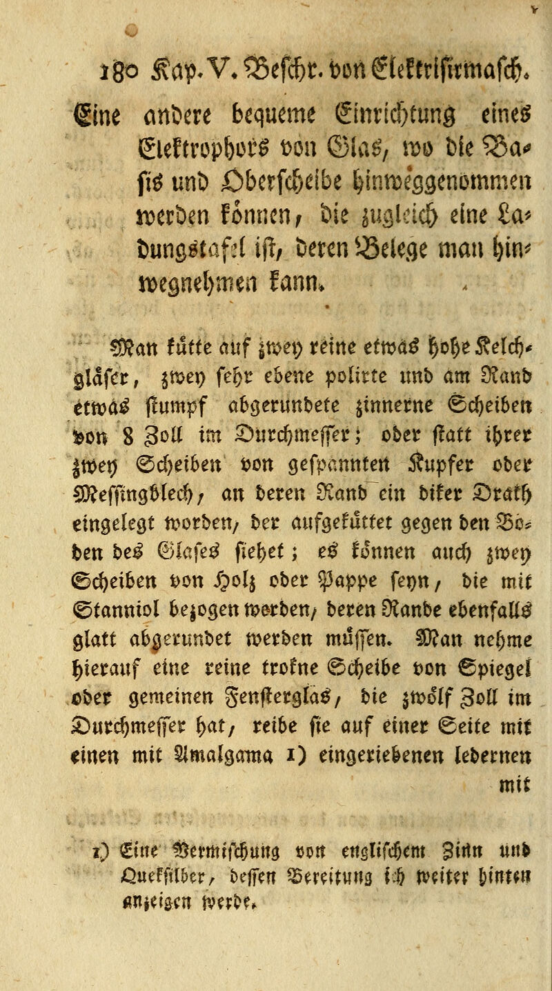 (Sine andere bequeme Smrid&tung eines 6lef tropboW ton ©la^ n>o t>fe ^Sa* fitf unö ßberfc&eibe ijtnweggenömmen »erben formen? &ie Ji$lei4) eine ta* tmngstafd ijt/ Deren SBelege man l)tn* iwgnefymen fann» $?an ftftte auf jwei) reine efroää ftofjeSMdj* §ldfcr, jtt>e^ fef>r ebene politte imb am $anb ettoä£ flumpf abgetunbete jtnnerne ©cfyeibett fcon 8 3ott fm £)iird)meffer j ober ftatt ifcter jttjet) ©c&etben fcon gefpamttert Äupfer oben? SRefftngMec^/ an beren ££anb~em btfer Straff eingelegt Sorben/ ber aufgefuttet gegen t>en 85c* ben be£ ©kfe$ fielet; e£ fonnen attd) jn>ep ©Reiben t>on £ol$ ober ^3a^pe fepn/ t>ie mit (©tanniol belogen tp&rben/ beten Dtanbe ebenfalls glatt atyewtöet tverben muffen. $?an mfyme hierauf eine reine trofrte Scheibe t?on Spiegel ober gemeinen genßerglatf/ bte $ft>olf3ollim £>urd)meffer f>at/ reibe fie auf einer <&tite mit einen mit §imalgama i) eingeriebenen Ubttmn mit i) gute $5txtni($uw »ott ettßltfdjem £irtn tut* jQueFftlber, beffen ^mitwug i# tvdter &itwt?