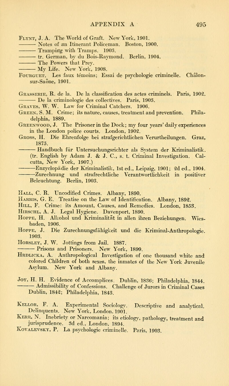 Fltnt, J. A. The World of Graft. New York, 1901. Notes of an Itinerant Policeman. Boston, 1900, Trampiilg with Tramps. 1903. tr. German, by du Bois-Raymond. Berlin, 1904. The Powers that Prey. My Life. New York, 1908. FouRGUET. Les faux temoins; Essai de psychologic criminelle. Chalon- sur-Saone, 1901. Grasserie, R. de la. De la classification des actes criminels. Paris, 1902. De la criminologie des collectives. Paris, 1903. Graves, W. W. Law for Criminal Catchers. 1906. Green, S. M. Crime; its nature, causes, treatment and prevention. Phila- delphia, 1889. Greexavood, J. The Prisoner in the Dock; my four years' daily experiences in the London police courts. London, 1902. Gross, H. Die Ehrenfolge bei strafgerichtlichen Verurtheilungen. Graz, 1875. Handbuch fiir Untersuchungsrichter als System der Kriminalistik. (tr. English by Adam J. & J. C, s. t. Criminal Investigation. Cal- cutta, New York, 1907.) Enzyclopadie der Kriminalistik, 1st ed., Leipzig, 1901; 2d ed., 1904. Zurechnung und strafrechtliche Verantwortlichkeit in positiver Beleuchtung. Beriin, 1903. Hall, C. R. Uncodified Crimes. Albany, 1890. Harris, G. E. Treatise on the Law of Identification. Albany, 1892. Hill, F. Crime: its Amount, Causes, and Remedies. London, 1853, HiRscHL, A. J. Legal Hygiene. Davenport, 1890. HoppE, H. Alkohol und Kriminalitat in alien ihren Beziehungen. Wies- baden, 1906. HoppE, J. Die Zurechnungsfahigkeit und die Kriminal-Anthropologic. 1903. HoRSLEY, J. W. Jottings from Jail. 1887. Prisons and Prisoners. New York, 1899. Hrdlicka, a. Anthropological Investigation of one thousand white and colored Children of both sexes, the inmates of the New York Juvenile Asylum. New York and Albany. Joy, H. H. Evidence of Accomplices. Dublin, 1836; Philadelphia, 1844. Admissibility of Confessions. Challenge of Jurors in Criminal Cases Dublin, 1842; Philadelphia, 1843. Kellor, F. a. Experimental Sociology. Descriptive and analytical. Delinquents. New York, London. 1901. Kerr, N. Inebriety or Narcomania; its etiology, pathology, treatment and jurisprudence. 3d ed., London, 1894. KovALEVSKY, P. La psychologic criminelle. Paris, 1903.