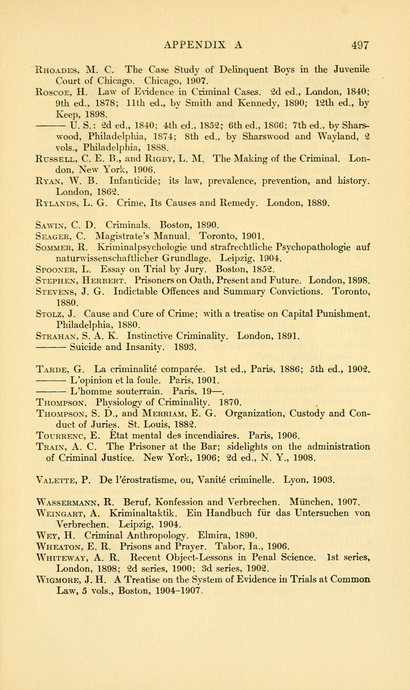 Rhoades, M. C. The Case Study of Delinquent Boys in the Juvenile Court of Chicago. Chicago, 1907. RoscoE, H. Law of E^-idence in Criminal Cases. 2d ed., London, 1840; 9th ed., 1878; 11th ed., by Smith and Kennedy, 1890; 12th ed., by Keep, 1898. U. S.: 2d ed., 1840; 4th ed., 1852; 6th ed., 18G6; 7th ed., by Shars- wood, Philadelpliia, 1874; 8th ed., by Sharswood and Wayland, 3 vols., Philadelphia, 1888. Russell, C. E. B., and Rigby, L. M. The Making of the Criminal. Lon- don, New York, 1906. Ry.\n, W. B. Infanticide; its law, prevalence, prevention, and history. London, 1862. Ryl-vnds, L. G. Crime, Its Causes and Remedy. London, 1889. Sawix, C. D. Criminals. Boston, 1890. Seager, C. Magistrate's Manual. Toronto, 1901. SomjMER, R. Kjiminalpsychologie und strafrechtliche Psychopathologie auf naturwissenschaftlicher Grundlage. Leipzig, 1904. Spooxer, L. Essay on Trial by Jury. Boston, 1852. Stephen, Herbert. Prisoners on Oath, Present and Future. London, 1898. Stevens, J. G. Indictable Offences and Summary Convictions. Toronto, 1880. Stolz, J. Cause and Cure of Crime; wdth a treatise on Capital Punishment. Philadelphia, 1880. Strahan, S. a. K. Instinctive Criminality. London, 1891. Suicide and Insanity. 1893. Takde, G. La criminahte comparee. 1st ed., Paris, 1886; 5th ed., 1902. L'opinion et la foule. Paris, 1901. L'homme souterrain. Paris, 19—. Thompson. Physiology of Criminality. 1870. Thompson, S. D., and Merriam, E. G. Organization, Custody and Con- duct of Juries. St. Louis, 1882. ToLTRRENC, E. Etat mental des incendiaires. Paris, 1906. Train, A. C. The Prisoner at the Bar; sidelights on the administration of Criminal Justice. New York, 1906; 2d ed., N. Y., 1908. Valette, p. De I'erostratisme, ou, Vanite criminelle. Lyon, 1903. Wassermann, R. Beruf, Konfession and Verbrechen. Miinchen, 1907. Weingart, a. Kriminaltaktik. Ein Handbuch fiir das Untersuchen von Verbrechen. Leipzig, 1904. Wey, H. Criminal Axithropology. Elmira, 1890. Wheaton, E. R. Prisons and Prayer. Tabor, la., 1906. Whiteway, a. R. Recent Object-Lessons in Penal Science. 1st series, London, 1898; 2d series, 1900; 3d series, 1902. Wigmore, J. H. A Treatise on the System of Evidence in Trials at Common Law, 5 vols., Boston, 1904-1907,