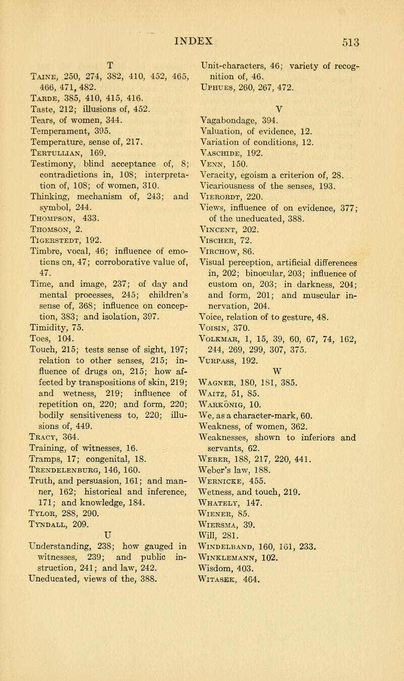 Tajne, 250, 274, 3S2, 410, 452, 465, 466, 471, 482. Takde, 385, 410, 415, 416. Taste, 212; illusions of, 452. Tears, of women, 344. Temperament, 395. Temperature, sense of, 217. Tertulli.vn, 169. Testimony, blind acceptance of, 8; contradictions in, 108; interpreta- tion of, 108; of women, 310. Thinking, mechanism of, 243; and symbol, 244. Thompson, 433. Thomson, 2. TiGERSTEDT, 192. Timbre, vocal, 46; influence of emo- tions on, 47; corroborative value of, 47. Time, and image, 237; of day and mental processes, 245; children's sense of, 368; influence on concep- tion, 383; and isolation, 397. Timidity, 75. Toes, 104. Touch, 215; tests sense of sight, 197; relation to other senses, 215; in- fluence of drugs on, 215; how af- fected by transpositions of skin, 219; and wetness, 219; influence of repetition on, 220; and form, 220; bodily sensitiveness to, 220; illu- sions of, 449. Tract, 364. Training, of witnesses, 16. Tramps, 17; congenital, 18. Trendelenburg, 146, 160. Truth, and persuasion, 161; and man- ner, 162; historical and inference, 171; and knowledge, 184. Ttlor, 288, 290. Tyndall, 209. U Understanding, 238; how gauged in witnesses, 239; and pubhc in- struction, 241; and law, 242. Uneducated, views of the, 388. Unit-characters, 46; variety of recog- nition of, 46. Uphues, 260, 267, 472. Vagabondage, 394. Valuation, of evidence, 12. Variation of conditions, 12. Vaschide, 192. Venn, 150. Veracity, egoism a criterion of, 28. Vicariousness of the senses, 193. Vierordt, 220. Views, influence of on evidence, 377; of the uneducated, 388. Vincent, 202. ViSCHER, 72. ViRCHOW, 86. Visual perception, artificial differences in, 202; binocular, 203; influence of custom on, 203; in darkness, 204; and form, 201; and muscular in- nervation, 204. Voice, relation of to gesture, 48. VoisiN, 370. VoLKMAR, 1, 15, 39, 60, 67, 74, 162, 244, 269, 299, 307, 375. VURPASS, 192. W Wagner, 180, 181, 385. Waitz, 51, 85. Warkonig, 10. We, as a character-mark, 60. Weakness, of women, 362. Weaknesses, shown to inferiors and servants, 62. Weber, 188, 217, 220, 441. Weber's law, 188. Wernicke, 455. Wetness, and touch, 219. Whately, 147. Wiener, 85. Wiersma, 39. Will, 281. WiNDELBAND, 160, 161, 233. WiNKLEMANN, 102. Wisdom, 403. WiTASEK, 464.