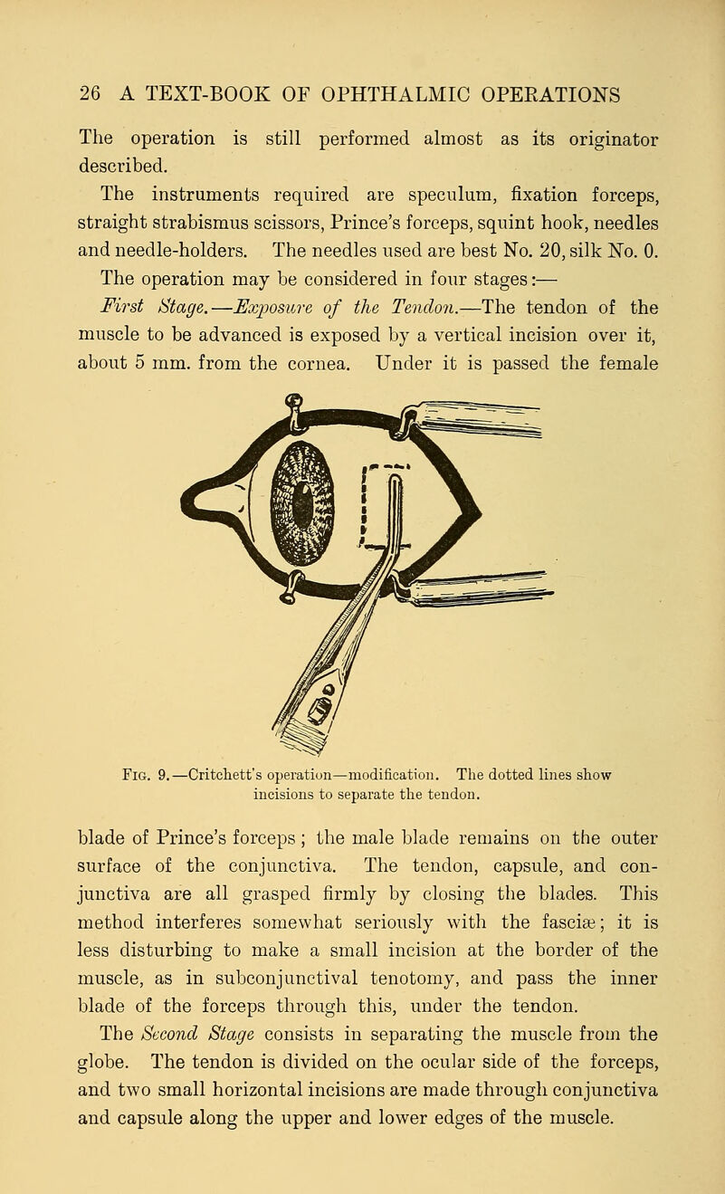 The operation is still performed almost as its originator described. The instruments required are speculum, fixation forceps, straight strabismus scissors, Prince's forceps, squint hook, needles and needle-holders. The needles used are best No. 20, silk No. 0. The operation may be considered in four stages:— First Stage.—Exposure of the Tendon.—The tendon of the muscle to be advanced is exposed by a vertical incision over it, about 5 mm. from the cornea. Under it is passed the female Fig. 9.—Critchett's operation—modification. The dotted lines show incisions to separate the tendon. blade of Prince's forceps; the male blade remains on the outer surface of the conjunctiva. The tendon, capsule, and con- junctiva are all grasped firmly by closing the blades. This method interferes somewhat seriously with the fasciae; it is less disturbing to make a small incision at the border of the muscle, as in subconjunctival tenotomy, and pass the inner blade of the forceps through this, under the tendon. The Second Stage consists in separating the muscle from the globe. The tendon is divided on the ocular side of the forceps, and two small horizontal incisions are made through conjunctiva and capsule along the upper and lower edges of the muscle.