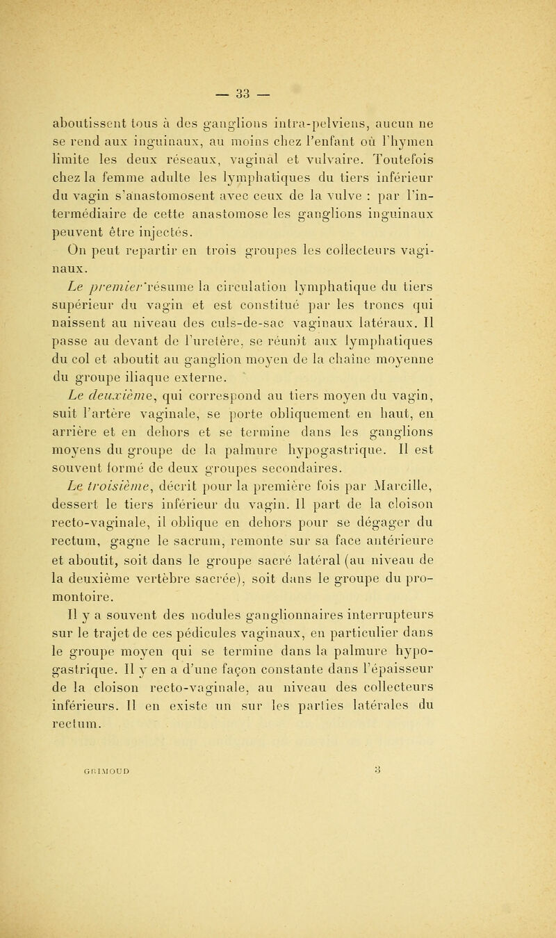 aboutissent tous à des ganglions intra-pelviens, aucun ne se rend aux inguinaux, au moins chez l'enfant où l'hymen limite les deux réseaux, vaginal et vulvaire. Toutefois chez la femme adidte les lymphatiques du tiers inférieur du vagin s'anastomosent avec ceux de la vulve : par l'in- termédiaire de cette anastomose les ganglions inguinaux peuvent être injectés. On peut repartir en trois groupes les collecteurs vagi- naux. Le pfemier'résuïnG la circulation lymphatique du tiers supérieur du vagin et est constitué par les troncs qui naissent au niveau des culs-de-sac vaginaux latéraux. Il passe au devant de l'ureière, se réunit aux lymphatiques du col et aboutit au ganglion moyen de la chaîne moyenne du groupe iliaque externe. Le deuxième^ qui correspond au tiers moyen du vagin, suit l'artère vaginale, se porte obliquement en haut, en arrière et en dehors et se termine dans les ganglions moyens du groupe de la palmure hypogastrique. Il est souvent formé de deux groupes secondaires. Le troisième^ décrit pour la première fois par Marcille, dessert le tiers inférieur du vagin. 11 part de la cloison recto-vaginale, il oblique en dehors pour se dégager du rectum, gagne le sacrum, remonte sur sa face antérieure et aboutit, soit dans le groupe sacré latéral (au niveau de la deuxième vertèbre saci'ée), soit dans le groupe du pro- montoire. Il y a souvent des nodules ganglionnaires interrupteurs sur le trajet de ces pédicules vaginaux, en particulier dans le groupe moyen qui se termine dans la palmure hypo- gastrique. Il j en a d'une façon constante dans l'épaisseur de la cloison recto-vaginale, au niveau des collecteurs inférieurs. 11 en existe un sur les parlies latérales du rectum. GRIMOUD