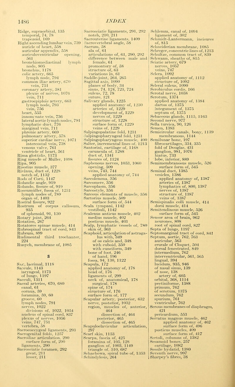 Ridge, supraorbital, 135 temporal, 74, 7S traiJezoid, 169 Right ascending lumbar vein, 739 auricle of heart, 558 auricular appendix, 558 auriculo ventricular opening, 561 bronchi omediastinal Ivnipli node, 805 bronchus, 1178 colic artery, 665 lymiDh node, 794 common iliac arterj^, 670 vein, 751 coronary artery, 581 plexus of nerves, 1076 vein, 711 gastroepiploic artery, 663 lymph node, 793 vein, 756 heart, 555 innominate vein, 736 lateral aortic lymph nodes, 791 l3^mphatic duct, 776 marginal vein, 711 phrenic artery, 669 pulmonary arterj-, 578 superior cardiac ner^e, 1071 intercostal vein, 738 venous valve, 761 ventricle of heart, 561 Rima glottidis, 1173 Ring muscle of Miiller, 1098 Ripa, 905 Risorius muscle, 377 Rivinus, duct of, 1228 notch of, 1132 Rods of Corti, 1147 Rolandic angle, 919 Rolando, fissure of, 919 Rosenintiller, fossa of, 1231 lymph nodes of, 789 organ of, 1403 Rostral fissure, 922 Rostrum of corpus callosum, 935 of sphenoid, 91, 130 Rotary joint, 264 Rotation, 267 Rotatores sjiinae muscle, 414 Rubrospinal tract of cord, 843 Rubrum, 899 Rudimental third trochanter, 224 Rusych, membrane of, 1095 Sac, lacrimal, 1118 Saccule, 1143 laryngeal, 1173 of lungs, 1197 SaccuU,1311 Sacral arteries, 670, 680 canal, 61 cornua, 59 foramina, 59, 60 groove, 60 lymph nodes, 791 nerves, 1022 divisions of, 1022, 1054 nucleus of spinal cord, 837 plexus of nerves, 1056 veins, 747, 751 vertebra, 58 Sacrococcygeal ligaments, 293 Sacrogenital folds, 1257 Sacroiliac articulation, 290 surface form of, 290 ligaments, 290 Sacrosciatic foramen, 292 great, 211 lesser, 211 Sacrosciatic ligaments, 291, 292 notch, 210, 211 Sacrouterine ligaments, 1409 Sacrovertebral angle, 58 Sacrum, 58 ala of, 61 articulations of, 61, 290, 292 difference between male and female, 61 promontory of, 58 structure of, 63 variations in, 61 Saddle-joint, 264, 265 Sagittal axis, 1090 planes of body, 34 sinus, 74, 124, 723, 724 sulcus, 72, 78 suture, 121 Salivary glands, 1225 aiDplied anatomy of, 1230 arteries of, 1229 develoi^ment of, 1229 nerves of, 1229 structure of, 1228 surface form of, 1229 veins of, 1229 Salpingopalatine fold, 1231 Salpingopharyngeal fold, 1231 Salpingopharj^ngeus muscle, 400 Salter, incremental lines of, 1213 Santorini, cartilage of, 1168 caruncula of, 1288 duct of, 1341 fissures of, 1124 Saphenous nerves, 1053, 1060 opening, 509 veins, 743, 744 applied anatomy of, 744 Sarcolemma, 356 Sarcomere, 356 Sarcoplasm, 356 Sarcostyle, 356 Sarcous elements of muscle, 356 Sartorius muscle, 509 surface form of, 544 Scala tympani, 1142 vestibuh, 1142 Scalenus anticus muscle, 402 medius muscle, 402 posticus muscle, 403 Scalp, lymphatic vessels of, 780 skin of, 363 Scaphoid, articulation of astraga- lus with, 349 of OS calcis and, 348 with cuboid, 350 with cuneiform, 349 bone of foot, 246 of hand, 196 fossa, 94, 130, 1122 Scapula, 172 applied anatomy of, 178 head of, 176 ligaments of, 299 neck of, anatomical, 178 surgical, 178 spine of, 174 structure of, 176 surface form of, 177 Scapular arterj^, posterior, 632 nerve, posterior, 1032 region, muscles of, anterior, 464 dissection of, 464 posterior, 465 dissection of, 465 Scapuloclavicular articulation, 297 Scarf skin, 1153 Scarpa, fascia of, 425 foramina of, 105, 128 ganghon of, 1003, 1149 triangle of, 510, 687 Schachowa, spiral tube of, 1353 Schindylesis, 264 Schlemm, canal of, 1094 ligament of, 302 Schmidt-Lantermann, incisures of, 815 Schneiderian membrane, 1085 Schreger, concentric lines of, 1213 Schultze, common tract of, 839 Schwann, sheaths of, 815 Sciatic artery, 679 nerves, 1057 veins, 747 Sclera, 1092 applied anatomy of, 1112 structure of, 1092 Scleral sulcus, 1090 Scrobiculus cordis, 166 Scrotal nerve, 1058 Scrotum, 1374 applied anatomy of, 1384 dartos of, 1375 integument of, 1375 septum of, 1375 Sebaceous glands, 1115, 1163 Second nerve, 977 Sella turcica, 90, 126 Semen, 1383 Semicircular canals, bony, 1139 membranous, 1144 Semilunar bone, 197 fibrocartilages, 334, 335 fold of Douglas, 431 ganglion, 981, 1076 hiatus, 733 lobe, inferior, 889 Semimembranosus muscle, 526 surface form of, 545 Seminal duct, 1385 vesicles, 1386 applied anatomy of, 1387 arteries of, 1387 lymphatics of, 800, 1387 nerves of, 1387 structure of, 1387 veins of, 1387 Semispinalis colli muscle, 414 ■ dorsi muscle, 414 Semitendinous muscle, 526 surface form of, 545 Sensor area of brain, 962 neurones, 808 root of spinal cord, 827 Septa of lungs, 1197 Septomarginal tract of cord, 841 Septum, aortic, 762, 763 auricular, 563 crurale of Cloquet, 504 dorsal fenestrated, 849 intermedium, 762 interventricular, 561, 565 lingual, 394 lucidum, 935, 946 of nasal sinus, 139 of nose, 138 artery of, 605 orbital, 368, 1114 pectiniforme, 1388 primum, 762 of scrotum, 1375 secundum, 762 spurium, 761 ventricular, 762 Serous membranes of diaphragm, 421 pericardium, 553 Serratus magnus muscle, 462 applied anatomy of, 462 surface form of, 496 posticus muscles, 409 surface form of, 417 Sertoli, columns of, 1382 Sesamoid bones, 257 cartilage, 1082 Sessile hydatid, 1380 Seventh nerve, 997 Sharpey's fibres, 38