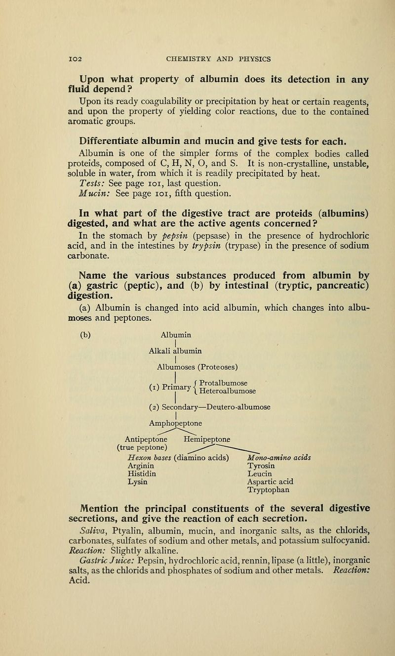 Upon what property of albumin does its detection in any fluid depend? Upon its ready coagulability or precipitation by heat or certain reagents, and upon the property of yielding color reactions, due to the contained aromatic groups. Differentiate albumin and mucin and give tests for each. Albumin is one of the simpler forms of the complex bodies called proteids, composed of C, H, N, O, and S. It is non-crystalline, unstable, soluble in water, from which it is readily precipitated by heat. Tests: See page 101, last question. Mucin: See page 101, fifth question. In what part of the digestive tract are proteids (albumins) digested, and what are the active agents concerned? In the stomach by pepsin (pepsase) in the presence of hydrochloric acid, and in the intestines by trypsin (trypase) in the presence of sodium carbonate. Name the various substances produced from albumin by (a) gastric (peptic), and (b) by intestinal (tryptic, pancreatic) digestion. (a) Albumin is changed into acid albumin, which changes into albu- moses and peptones. (b) Albumin I Alkali albumin I Albumoses (Proteoses) , x p .' / Protalbumose * ' I •'X Heteroalbumose (2) Secondary—Dentero-albumose I Amphopeptone Antipeptone Hemipeptone (true peptone) ^^* —-~-^^_____^ Hexon bases (diamino acids) Mono-amino acids Arginin Tyrosin Histidin Leucin Lysin Aspartic acid Tryptophan Mention the principal constituents of the several digestive secretions, and give the reaction of each secretion. Saliva, Ptyalin, albumin, mucin, and inorganic salts, as the chlorids, carbonates, sulfates of sodium and other metals, and potassium sulfocyanid. Reaction: Slightly alkaline. Gastric Juice: Pepsin, hydrochloric acid, rennin, lipase (a little), inorganic salts, as the chlorids and phosphates of sodium and other metals. Reaction: Acid.