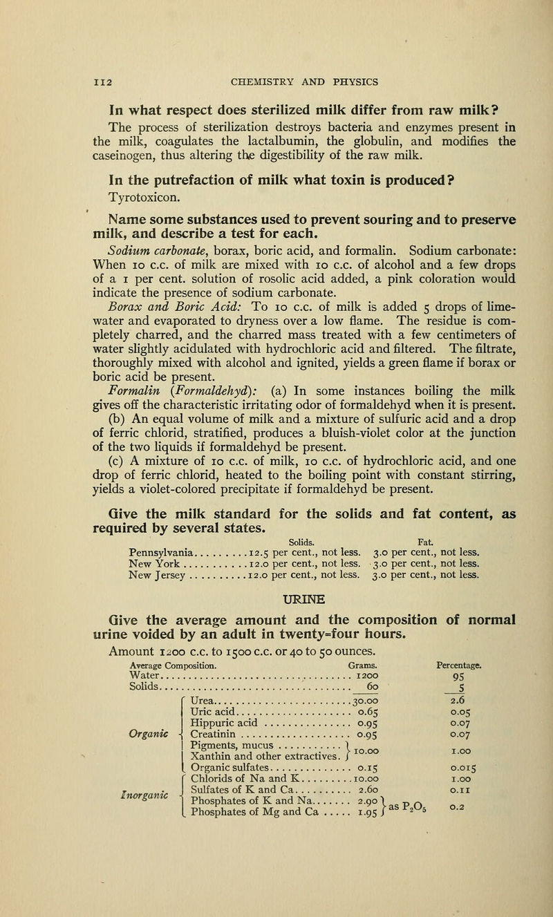 In what respect does sterilized milk differ from raw milk? The process of sterilization destroys bacteria and enzymes present in the milk, coagulates the lactalbumin, the globulin, and modifies the caseinogen, thus altering the digestibility of the raw milk. In the putrefaction of milk what toxin is produced? Tyrotoxicon. Name some substances used to prevent souring and to preserve milk, and describe a test for each. Sodium carbonate, borax, boric acid, and formalin. Sodium carbonate: When 10 c.c. of milk are mixed with 10 c.c. of alcohol and a few drops of a i per cent, solution of rosolic acid added, a pink coloration would indicate the presence of sodium carbonate. Borax and Boric Acid: To 10 c.c. of milk is added 5 drops of lime- water and evaporated to dryness over a low flame. The residue is com- pletely charred, and the charred mass treated with a few centimeters of water slightly acidulated with hydrochloric acid and filtered. The filtrate, thoroughly mixed with alcohol and ignited, yields a green flame if borax or boric acid be present. Formalin (Formaldehyd): (a) In some instances boiling the milk gives off the characteristic irritating odor of formaldehyd when it is present. (b) An equal volume of milk and a mixture of sulfuric acid and a drop of ferric chlorid, stratified, produces a bluish-violet color at the junction of the two liquids if formaldehyd be present. (c) A mixture of 10 c.c. of milk, 10 c.c. of hydrochloric acid, and one drop of ferric chlorid, heated to the boiling point with constant stirring, yields a violet-colored precipitate if formaldehyd be present. Give the milk standard for the solids and fat content, as required by several states. Solids. Pennsylvania 12.5 per cent., not less. New York 12.0 per cent., not less. New Jersey 12.0 per cent., not less. URINE Fat 3.0 per cent., not less. 3.0 per cent., not less. 3.0 per cent., not less. Give the average amount and the composition of normal urine voided by an adult in twenty=four hours. Amount 1200 c.c. to 1500 c.c. or 40 to 50 ounces. Average Composition. Grams. Water 1200 Solids 60 Organic Inorganic Urea 30.00 Uric acid 0.65 Hippuric acid 0.95 Creatinin 0.95 Pigments, mucus \ Xanthin and other extractives. / Organic sulfates 0.15 Chlorids of Na and K 10.00 Sulfates of K and Ca 2.60 Phosphates of K and Na 2.90 \ Phosphates of Mg and Ca 1.95 j as P,0<i Percentage. 95 5 2.6 0.05 0.07 0.07 1.00 0.015 1.00 o.n 0.2