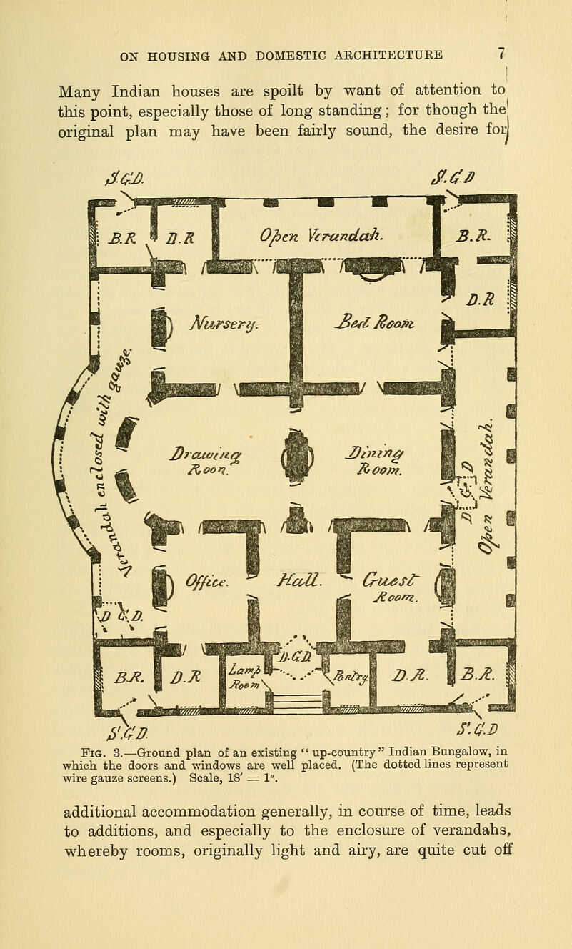 Many Indian houses are spoilt by want of attention to this point, especially those of long standing; for though the original plan may have been fairly sound, the desire foij ^■C^.D. ^.^D B'.CD ZC.D Fig. 3.—Ground plan of an existing  up-country Indian Bungalow, in which the doors and windows are well placed. (The dotted lines represent wire gauze screens.) Scale, 18' = 1. additional accommodation generally, in course of time, leads to additions, and especially to the enclosure of verandahs, whereby rooms, originally light and airy, are quite cut off