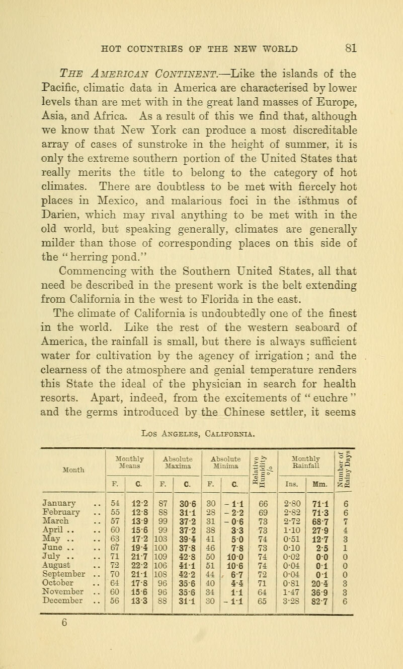 The American Continent.—Like the islands of the Pacific, climatic data in America are characterised by lower levels than are met with in the great land masses of Europe, Asia, and Africa. As a result of this we find that, although we know that New York can produce a most discreditable array of cases of sunstroke in the height of summer, it is only the extreme southern portion of the United States that really merits the title to belong to the category of hot climates. There are doubtless to be met with fiercely hot places in Mexico, and malarious foci in the isthmus of Darien, which may rival anything to be met with in the old world, but speaking generally, climates are generally milder than those of corresponding places on this side of the herring pond. Commencing with the Southern United States, all that need be described in the present work is the belt extending from California in the west to Florida in the east. The climate of California is undoubtedly one of the finest in the world. Like the rest of the western seaboard of America, the rainfall is small, but there is always sufficient water for cultivation by the agency of irrigation; and the clearness of the atmosphere and genial temperature renders this State the ideal of the physician in search for health resorts. Apart, indeed, from the excitements of  euchre  and the germs introduced by the Chinese settler, it seems Los A^^GELES, CAIilFOEXIA. Monthly Absolute Absolute o_>. Monthly '^t Montli Means M ixima Minima 11^ Bainfell ^•^ = n F. C. F. C. F. C Ins. Hm. 2S January 54 12-2 87 30-6 30 -11 66 2-80 711 6 February 55 12-8 88 311 28 -2-2 69 2-82 71-3 6 March 57 139 99 37-2 31 -06 73 2-72 68-7 7 April .. 60 15-6 99 37-2 38 33 73 1-10 27-9 4 May .. 63 17-2 103 39-4 41 50 74 0-51 127 3 June .. 67 195 100 37-8 46 7-8 73 0-10 2-5 1 July .. 71 21-7 109 42-8 50 100 74 0-02 00 0 August 72 22-2 106 §11 51 10-6 74 0-04 01 0 September .. 70 211 108 52-2 44 , 6-7 72 0-04 0 1 0 October 64 17-8 96 33-6 40 i-i 71 0-81 20-4 3 November .. 60 156 96 33-6 34 11 64 1-47 36-9 3 December .. 56 133 88 311 30 -11 65 3-28 82-7 6