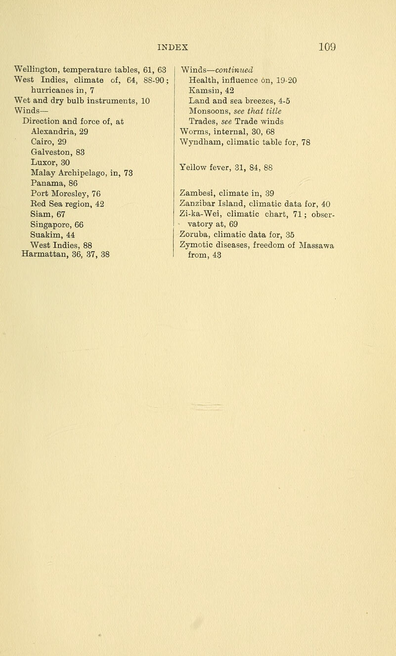 Wellington, temperature tables, 61, 63 West Indies, climate of, 64, 88-90; hurricanes in, 7 Wet and dry bulb instruments, 10 Winds— Direction and force of, at Alexandria, 29 Cairo, 29 Galveston, 83 Luxor, 30 Malay Archipelago, in, 73 Panama, 86 Port Moresley, 76 Red Sea region, 42 Siam, 67 Singapore, 66 Suakim, 44 West Indies, 88 Harmattan, 36, 37, 38 Winds—continued Health, influence on, 19-20 Kamsin, 42 Land and sea breezes, 4-5 Monsoons, see that title Trades, see Trade winds Worms, internal, 30, 68 Wyndham, climatic table for, 78 Yellow fever, 31, 84, 88 Zambesi, climate in, 39 Zanzibar Island, climatic data for, 40 Zi-ka-Wei, climatic chart, 71; obser- - vatory at, 69 Zoruba, climatic data for, 35 Zymotic diseases, freedom of Massawa from, 43