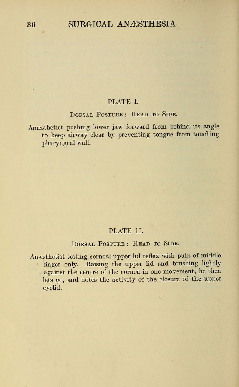 PLATE I. Dorsal Posture : Head to Side. Anaesthetist pushing lower jaw forward from behind its angle to keep airway clear by preventing tongue from touching pharyngeal wall. PLATE II. Dorsal Posture : Head to Side. Anaesthetist testing corneal upper lid reflex with pulp of middle finger only. Raising the upper lid and brushing lightly against the centre of the cornea in one movement, he then lets go, and notes the activity of the closure of the upper eyelid.