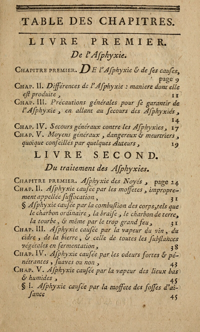 TABLE DES CHAPITRES. LIVRE PREMIER. De P Afphyxie* Chapitre premier. xJE V Afphyxie & défis caufes, ' pase 9 Chap. IL Différences de l3 Afphyxie : manière dont élis ejiproduite j n Chap. III. Précautions générales pour fe garantir de F Afphyxie > en allant au fecours des Afphyxïés ^ Chap. IV. Secours généraux contre les Afphyxïés_, 17 Chap. V. Moyens généraux _, dangereux & meurtriers _, quoique conjeillés par quelques Auteurs j 1 y LIVRE SECOND. Du traitement des Afphyxïés. Chapitre premier. Afphyxie des Noyés j pao-e 24 Chap. II. Afphyxie cauféepar les moffetes ^ impropre- ment appelle efuffo cation ^ 2l § Afphyxie caufée par la comhuflion des corpsj.els que. le charbon ordinaire > la braife _, le charbon de terre9 la tourbe, & même par le trop grand feu j 31 Chap. III. Afphyxie caufée par la vapeur du vin 5 du. cidre > de la bierre, & celle de toutes les fubjlahces végétales en fermentation > 28 Chap. IV. Afphyxie caufée par les odeurs fortes & pé- nétrantes , fuaves ou non _, a 2 Chap. V. Afphyxie caufée par la vapeur des lieux bas & humides j a r § I. Afphyxie caufée par la moffete des foffes d'ai- fance ~ 45