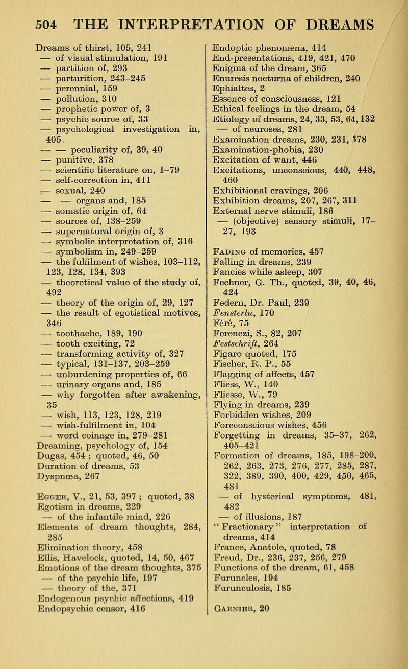 Dreams of thirst, 105, 241 — of visual stimulation, 191 — partition of, 293 — parturition, 243-245 — perennial, 159 — pollution, 310 — prophetic power of, 3 — psychic source of, 33 — psychological investigation in, 405 peculiarity of, 39, 40 — punitive, 378 — scientific literature on, 1-79 — self-correction in, 411 — sexual, 240 — — organs and, 185 — somatic origin of, 64 — sources of, 138-259 — supernatural origin of, 3 —• symbolic interpretation of, 316 — symbolism in, 249-259 — the fulfilment of wishes, 103-112, 123, 128, 134, 393 — theoretical value of the study of, 492 — theory of the origin of, 29, 127 — the result of egotistical motives, 346 — toothache, 189, 190 — tooth exciting, 72 — transforming activity of, 327 — typical, 131-137, 203-259 — unburdening properties of, 66 — urinary organs and, 185 — why forgotten after awakening, 35 — wish, 113, 123, 128, 219 — wish-fulfilment in, 104 ■—- word coinage in, 279-281 Dreaming, psychology of, 154 Dugas, 454 ; quoted, 46, 50 Duration of dreams, 53 Dyspnoea, 267 Egger, V., 21, 53, 397 ; quoted, 38 Egotism in di'eams, 229 — of the infantile mind, 226 Elements of dream thoughts, 284, 285 Elimination theory, 458 Ellis, Havelock, quoted, 14, 50, 467 Emotions of the dream thoughts, 375 — of the psychic life, 197 — theory of the, 371 Endogenous psychic affections, 419 Endopsychic censor, 416 Endoptic phenomena, 414 End-presentations, 419, 421, 470 Enigma of the dream, 365 Enuresis nocturna of children, 240 Ephialtes, 2 Essence of consciousness, 121 Ethical feelings in the dream, 54 Etiology of dreams, 24, 33, 53, 64,132 — of neuroses, 281 Examination dreams, 230, 231, 578 Examination-phobia, 230 Excitation of want, 446 Excitations, unconscious, 440, 448, 460 Exhibitional cravings, 206 Exhibition dreams, 207, 267, 311 External nerve stimuli, 186 — (objective) sensory stimuli, 17- 27, 193 Fading of memories, 457 Falling in dreams, 239 Fancies while asleep, 307 Fechner, G. Th., quoted, 39, 40, 46, 424 Federn, Dr. Paul, 239 Fensterln, 170 Fere, 75 Ferenczi, S., 82, 207 Festschrift, 264 Figaro quoted, 175 Fischer, E,. P., 55 Flagging of affects, 457 Fliess, W., 140 Fliesse, W., 79 Flying in dreams, 239 Forbidden wishes, 209 Foreconscious wishes, 456 Forgetting in dreams, 35-37, 262, 405-421 Formation of dreams, 185, 198-200, 262, 263, 273, 276, 277, 285, 287, 322, 389, 390, 400, 429, 450, 465, 481 — of hysterical symptoms, 481, 482 ■—■ of illusions, 187 Fractionary interpretation of dreams, 414 France, Anatole, quoted, 78 Freud, Dr., 236, 237, 256, 279 Functions of the dream, 61, 458 Furuncles, 194 Furunculosis, 185 Garnier, 20