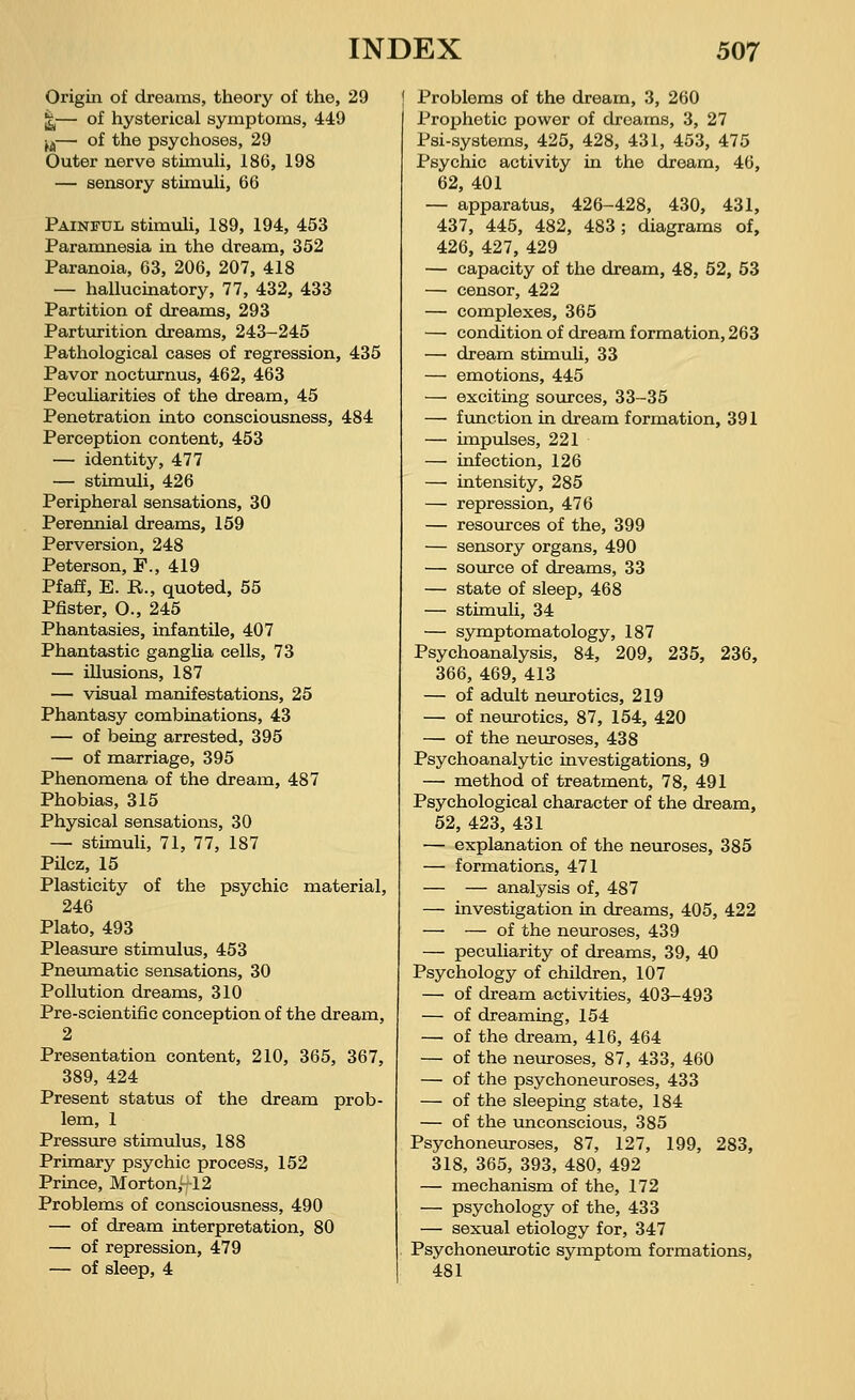 Origin of dreams, theory of the, 29 jj*,— of hysterical symptoms, 449 ^— of the psychoses, 29 Outer nerve stimuli, 180, 198 — sensory stimuli, 66 Painful stimuli, 189, 194, 453 Paramnesia in the dream, 352 Paranoia, 63, 206, 207, 418 — hallucinatory, 77, 432, 433 Partition of dreams, 293 Parturition dreams, 243-245 Pathological cases of regression, 435 Pavor nocturnus, 462, 463 Peculiarities of the dream, 45 Penetration into consciousness, 484 Perception content, 453 — identity, 477 — stimuli, 426 Peripheral sensations, 30 Perennial dreams, 159 Perversion, 248 Peterson, F., 419 Pfaff, E. Pv., quoted, 55 Poster, O., 245 Phantasies, infantile, 407 Phantastic ganglia cells, 73 — illusions, 187 — visual manifestations, 25 Phantasy combinations, 43 — of being arrested, 395 — of marriage, 395 Phenomena of the dream, 487 Phobias, 315 Physical sensations, 30 — stimuli, 71, 77, 187 Pücz, 15 Plasticity of the psychic material, 246 Plato, 493 Pleasure stimulus, 453 Pneumatic sensations, 30 Pollution dreams, 310 Pre-scientific conception of the dream, 2 Presentation content, 210, 365, 367, 389, 424 Present status of the dream prob- lem, 1 Pressure stimulus, 188 Primary psychic process, 152 Prince, Mortonj~12 Problems of consciousness, 490 — of dream interpretation, 80 — of repression, 479 — of sleep, 4 ! Problems of the dream, 3, 260 Prophetic power of dreams, 3, 27 Psi-systems, 425, 428, 431, 453, 475 Psychic activity in the dream, 46, 62, 401 — apparatus, 426-428, 430, 431, 437, 445, 482, 483; diagrams of, 426, 427, 429 — capacity of the dream, 48, 52, 53 — censor, 422 — complexes, 365 — condition of dream formation, 263 — dream stimuli, 33 — emotions, 445 — exciting sources, 33-35 — function in dream formation, 391 — impulses, 221 — infection, 126 — intensity, 285 — repression, 476 — resources of the, 399 — sensory organs, 490 — source of dreams, 33 — state of sleep, 468 — stimuli, 34 — symptomatology, 187 Psychoanalysis, 84, 209, 235, 236, 366, 469, 413 — of adult neurotics, 219 — of neurotics, 87, 154, 420 — of the neuroses, 438 Psychoanalytic investigations, 9 — method of treatment, 78, 491 Psychological character of the dream, 52, 423, 431 — explanation of the neuroses, 385 — formations, 471 — — analysis of, 487 — investigation in dreams, 405, 422 — — of the neuroses, 439 — peculiarity of dreams, 39, 40 Psychology of children, 107 — of dream activities, 403-493 — of dreaming, 154 — of the dream, 416, 464 — of the neuroses, 87, 433, 460 — of the psychoneuroses, 433 — of the sleeping state, 184 — of the unconscious, 385 Psychoneuroses, 87, 127, 199, 283, 318, 365, 393, 480, 492 — mechanism of the, 172 — psychology of the, 433 — sexual etiology for, 347 Psychoneurotic symptom formations, 481