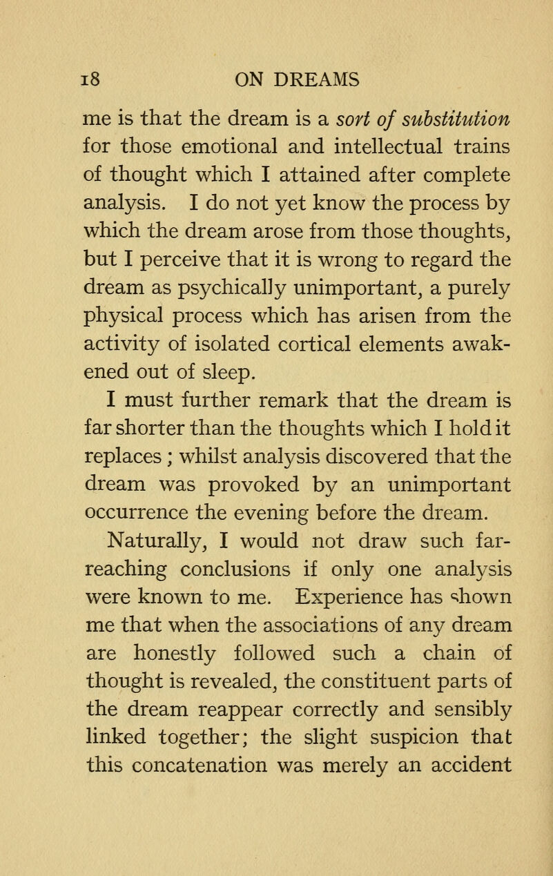 me is that the dream is a sort of substitution for those emotional and intellectual trains of thought which I attained after complete analysis. I do not yet know the process by which the dream arose from those thoughts^ but I perceive that it is wrong to regard the dream as psychically unimportant, a purely physical process which has arisen from the activity of isolated cortical elements awak- ened out of sleep. I must further remark that the dream is far shorter than the thoughts which I hold it replaces; whilst analysis discovered that the dream was provoked by an unimportant occurrence the evening before the dream. Naturally, I would not draw such far- reaching conclusions if only one analysis were known to me. Experience has «^^hown me that when the associations of any dream are honestly followed such a chain of thought is revealed, the constituent parts of the dream reappear correctly and sensibly linked together; the slight suspicion that this concatenation was merely an accident