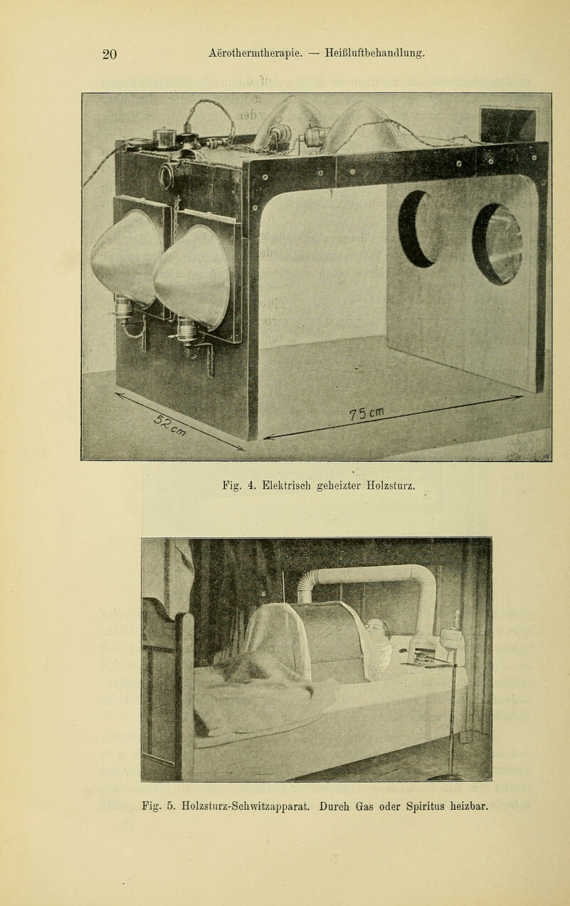 Fig. 4. Elektrisch geheizter Holzsturz. Fig. 5. Holzsturz-Sehwitzapparat. Durch Gras oder Spiritus heizbar.