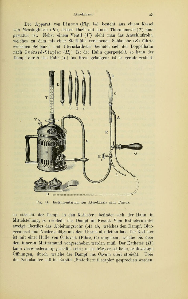 Der Apparat von Pineus (Fig. 14) besteht aus einem Kessel von Messingblech (2T), dessen Dach mit einem Thermometer (T) aus- gestattet ist. Nebst einem Ventil (V) sieht man das Anschlußrohr, welches zu dem mit einer Stoffhülle versehenen Schlauche (S) führt; zwischen Schlauch und Uteruskatheter befindet sich der Doppelhahn nach Guerard-Stapler (27j). Ist der Hahn quergestellt, so kann der Dampf durch das Eohr .(L) ins Freie gelangen; ist er gerade gestellt, Pia;. 14. Instrumentarium zur Atmokausis nach Pineus. so streicht der Dampf in den Katheter; befindet sich der Hahn in Mittelstellung, so verbleibt der Dampf im Kessel. Vom Kathetermantel zweigt überdies das Ableitungsrohr (Ä) ab, welches den Dampf, Blut- gerinnsel und Niederschläge aus dem Uterus abzuleiten hat. Der Katheter ist mit einer Hülle von Oelluvert (Fibre, C) umgeben, welche bis über den inneren Muttermund vorgeschoben werden muß. Der Katheter (27) kann verschiedenartig gestaltet sein; meist trägt er seitliche, schlitzartige Öffnungen, durch welche der Dampf ins Oavum uteri streicht. Über den Zestokauter soll im Kapitel „Statothermtherapie gesprochen werden.