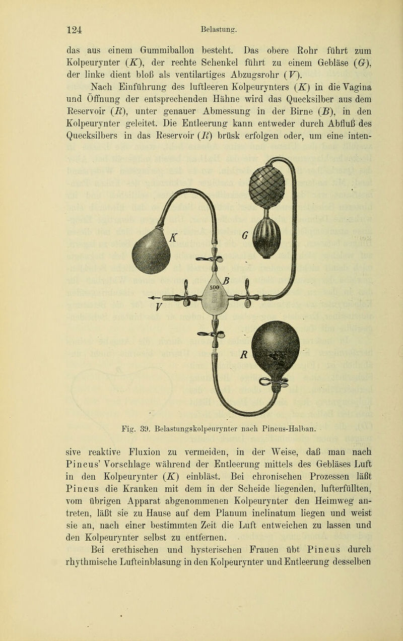 das aus einem Gummiballon besteht. Das obere Bohr führt zum Kolpeurynter (K), der rechte Schenkel führt zu einem Gebläse (Cr), der linke dient bloß als ventilartiges Abzugsrohr (V). Nach Einführung des luftleeren Kolpeurynters (K) in die Vagina und Öffnung der entsprechenden Hähne wird das Quecksilber aus dem Eeservoir (R), unter genauer Abmessung in der Birne (B), in den Kolpeurynter geleitet. Die Entleerung kann entweder durch Abfluß des Quecksilbers in das Eeservoir (K) brüsk erfolgen oder, um eine inten- Pig. 39. Belastungskolpeurynter nach Pinens-Halban. sive reaktive Fluxion zu vermeiden, in der Weise, daß man nach Pincus' Vorschlage während der Entleerung mittels des Gebläses Luft in den Kolpeurynter (K) einbläst. Bei chronischen Prozessen läßt Pincus die Kranken mit dem in der Seheide liegenden, lufterfüllten, vom übrigen Apparat abgenommenen Kolpeurynter den Heimweg an- treten, läßt sie zu Hause auf dem Planum inclinatum liegen und weist sie an, nach einer bestimmten Zeit die Luft entweichen zu lassen und den Kolpeurynter selbst zu entfernen. Bei erethischen und hysterischen Frauen übt Pincus durch rhythmische Lufteinblasung in den Kolpeurynter und Entleerung desselben