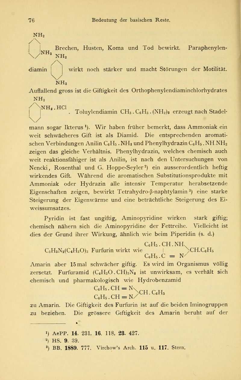 NH2 y\ J I Brechen, Husten, Koma und Tod bewirkt. Paraphenylen- ^ JNH2 ._„ \/ NH2 /\ •diamin 1 1 wirkt noch stärker und macht Störungen der Motilität. NH2 Auffallend gross ist die Giftigkeit des Orthophenylendiaminchlorhydrates NH2 I ' . Toluylendiamin CH3. CeHs. (NH2)2 erzeugt nach Stadel- mann sogar Ikterus *). Wir haben früher bemerkt, dass Ammoniak ein Aveit schwächeres Gift ist als Diamid. Die entsprechenden aromati- schen Verbindungen AniUn CeHö. NH2 und Phenylhydrazin CeHs. NH.NH2 zeigen das gleiche Verhältnis. Phenylhydrazin, welches chemisch auch Aveit reaktionsfähiger ist als Anihn, ist nach den Untersuchungen von Nencki, Rosenthal und G. Hoppe-Seyler ^) ein ausserordenthch heftig wirkendes Gift. Während die aromatischen Substitutionsprodukte mit Ammoniak oder Hydrazin alle intensiv Temperatur herabsetzende Eigenschaften zeigen, bewirkt Tetrahydro-ß-naphtylamin ^) eine starke Steigerung der Eigenwärme und eine beträchtliche Steigerung des Ei- ^weissumsatzes. Pyridin ist fast ungiftig, Aminopyridine wirken stark giftig; chemisch nähern sich die Aminopyridine der Fettreihe. Vielleicht ist dies der Grund ihrer Wirkung, ähnUch wie beim Piperidin (s. d.) CeHs.CH.NR C3H3N2(C4H30)3 Furfurin wirkt wie I ^CH.CeHs / CeHs.C = N Amarin aber 15 mal schwächer giftig. Es wird im Organismus völlig zersetzt. Furfuramid (C4H3O. CH)3N2 ist unwirksam, es verhält sich -chemisch und pharmakologisch wie Hydrobenzamid CÄ.CH = N. ^ CeHs. GH = N/ zu Amarin. Die Giftigkeit des Furfurin ist auf die beiden Iminogruppen zu beziehen. Die grössere Giftigkeit des Amarin beruht auf der 1) AePP. 14. 231, 16. 118, 23. 427. '') HS. 9. 39. ^) BB. 1889. 777. Virchow's Arch. 115 u. 117. Stern.