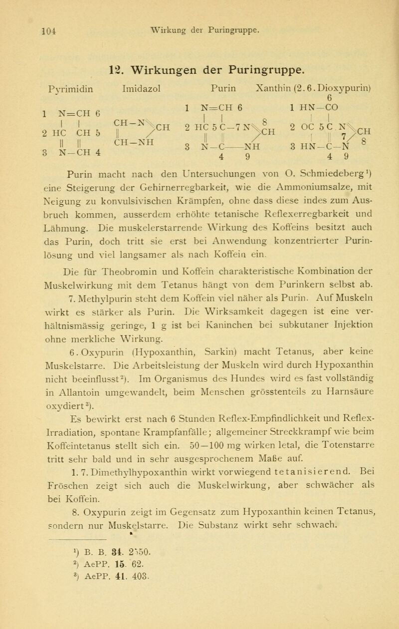 12. Wirkungen der Puringruppe. Pvrimidin Imidazol Purin Xanthin (2.6.Diox3^piirin) 6 1 N=CH6 ' ^=^^« 1™-^^ 2HC CH5 ™-V^ 2HC5C_7N^^^ 2 OC 5 C. N^^^ o i Lt . ^^-^'^ 3 N-C NH 3 HN-C-N ^ 3 N-CH 4 4 9 4 9 Purin macht nach den Untersuchungen von O. Schmiedeberg ^) eine Steigerung der Gehirnerregbarkeit, wie die Ammoniumsalze, mit Neigung zu konvulsivischen Krämpfen, ohne dass diese indes zum Aus- bruch kommen, ausserdem erhöhte tetanische Reflexerregbarkeit und Lähmung. Die muskelerstarrende Wirkung des Kofteins besitzt auch das Purin, doch tritt sie erst bei Anwendung konzentrierter Purin- lösung und viel langsamer als nach Koffein ein. Die für Theobromin und Koffein charakteristische Kombination der Muskelvvirkung mit dem Tetanus hängt von dem Purinkern selbst ab. 7. Methylpurin steht dem Koffein viel näher als Purin. Auf Muskeln wirkt es stärker als Purin. Die Wirksamkeit dagegen ist eine ver- hältnismässig geringe, 1 g ist bei Kaninchen bei subkutaner Injektion ohne merkhche Wirkung. 6. Ox3^purin (H3'poxanthin, Sarkin) macht Tetanus, aber keine Muskelstarre. Die Arbeitsleistung der Muskeln wird durch Hypoxanthin nicht beeinflusst^j. Im Organismus des Hundes wird es fast vollständig in AUantoin umgewandelt, beim Menschen grösstenteils zu Harnsäure oxydiert^). Es bewirkt erst nach 6 Stunden Reflex-Empfindlichkeit und Reflex- Irradiation, spontane Krampfanfälle; allgemeiner Streckkrampf w^ie beim Koffeintetanus stellt sich ein. 50 — 100 mg wirken letal, die Totenstarre tritt sehr bald und in sehr ausgesprochenem Maße auf. 1. 7. Dimethylhypoxanthin wirkt vorwiegend tetanisierend. Bei Fröschen zeigt sich auch die Muskel Wirkung, aber schwächer als bei Koffein. 8. Oxypurin zeigt im Gegensatz zum Hypoxanthin keinen Tetanus, sondern nur Muskelstarre. Die Substanz wirkt sehr schwach. 1) B. B. 34. 2550. 2) AePP. 15. 62. 2) AePP. 41. 403.