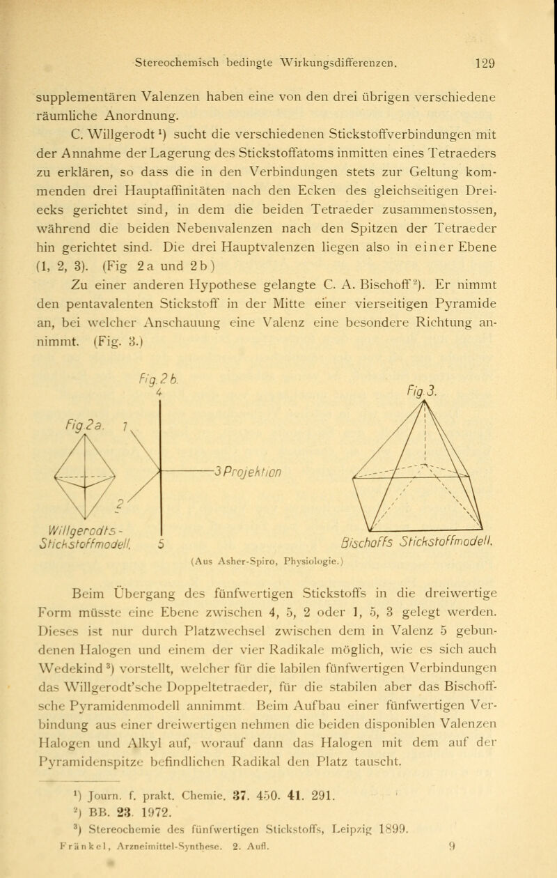 supplementären Valenzen haben eine von den drei übrigen verschiedene räumliche Anordnung. C. Willgerodt ^) sucht die verschiedenen Stickstoffverbindungen mit der Annahme der Lagerung des Stickstoffatoms inmitten eines Tetraeders zu erklären, so dass die in den Verbindungen stets zur Geltung kom- menden drei Hauptaffinitäten nach den Ecken des gleichseitigen Drei- ecks gerichtet sind, in dem die beiden Tetraeder zusammenstossen, während die beiden Nebenvalenzen nach den Spitzen der Tetraeder hin gerichtet sind. Die drei Hauptvalenzen liegen also in einer Ebene (1, 2, 3). (Fig 2a und 2b) Zu einer anderen Hypothese gelangte C. A. Bischoff ^). Er nimmt den pentavalenten Stickstoff in der Mitte einer vierseitigen Pyramide an, bei welcher iVnschauung eine Valenz eine besondere Richtung an- nimmt. (Fig. 8.) Willgerodts - SUchstoffmodell. SProjehtjon 5 Bischoffs Stichstoffmodell. (Aus Ashcr-Spiro, Physiologie.) Beim Übergang des fünfwertigen Stickstoffs in die dreiwertige Form müsste eine Ebene zwischen 4, 5, 2 oder 1, 5, 3 gelegt werden. Dieses ist nur durch Platzwechsel zwischen dem in Valenz 5 gebun- denen Halogen und einem der vier Radikale möglich, wie es sich auch Wedekind ^j vorstellt, welcher für die labilen fünfwertigen Verbindungen das Willgerodt'sche Doppeltetraeder, für die stabilen aber das Bischoff- sche Pyramidenmodeil annimmt. Beim Aufbau einer fünfwertigen Ver- bindung aus einer dreiwertigen nehmen die beiden disponiblen Valenzen Halogen und Alkyl auf, worauf dann das Halogen mit dem auf der Pyramidenspitze befindlichen Radikal den Platz tauscht. ») Journ. f. prakt. Chemie. 37. 450. 41. 291. 2) BB. 23. 1972. ') Stereochemie des fünfwertigen Stickstoffs, Leipzig 1899. Frank el, Arzneimittel-Synthese. 2. Aufl.