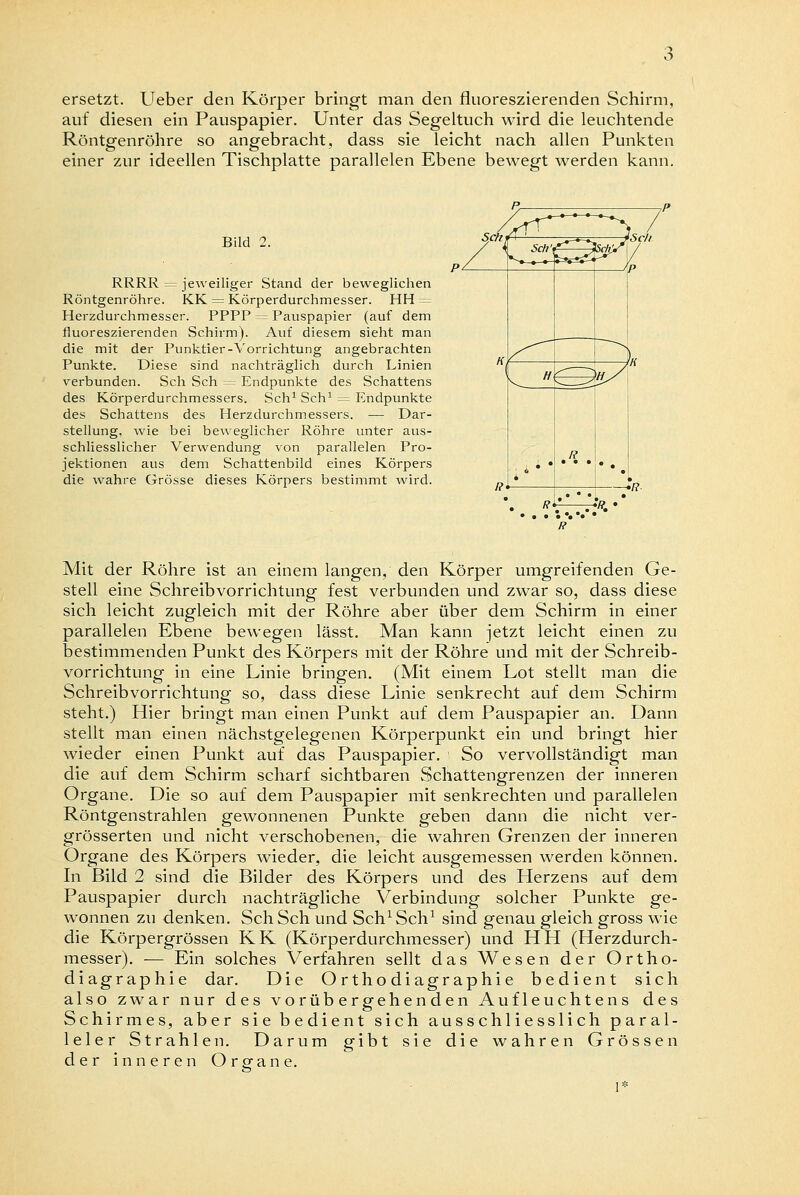 ersetzt. Ueber den Körper bringt man den fluoreszierenden Schirm, auf diesen ein Pauspapier. Unter das Segeltuch wird die leuchtende Röntgenröhre so angebracht, dass sie leicht nach allen Punkten einer zur ideellen Tischplatte parallelen Ebene bewegt werden kann. Bild 2. RRRR = jeweiliger Stand der beweglichen Röntgenröhre. KK = Körperdurchmesser. HH = Heizdurchmesser. PPPP = Pauspapier (auf dem fluoreszierenden Schirm). Auf diesem sieht man die mit der Punktier -Vorrichtung angebrachten Punkte. Diese sind nachträglich durch Linien verbunden. Seh Seh = Endpunkte des Schattens des Körperdurchmessers. Seh1 Seh1 = Endpunkte des Schattens des Herzdurchmessers. — Dar- stellung, wie bei beweglicher Röhre unter aus- schliesslicher Verwendung von parallelen Pro- jektionen aus dem Schattenbild eines Körpers die wahre Grösse dieses Körpers bestimmt wird. Mit der Röhre ist an einem langen, den Körper umgreifenden Ge- stell eine Schreibvorrichtung fest verbunden und zwar so, dass diese sich leicht zugleich mit der Röhre aber über dem Schirm in einer parallelen Ebene bewegen lässt. Man kann jetzt leicht einen zu bestimmenden Punkt des Körpers mit der Röhre und mit der Schreib- vorrichtung in eine Linie bringen. (Mit einem Lot stellt man die Schreibvorrichtung so, dass diese Linie senkrecht auf dem Schirm steht.) Hier bringt man einen Punkt auf dem Pauspapier an. Dann stellt man einen nächstgelegenen Körperpunkt ein und bringt hier wieder einen Punkt auf das Pauspapier, i So vervollständigt man die auf dem Schirm scharf sichtbaren Schattengrenzen der inneren Organe. Die so auf dem Pauspapier mit senkrechten und parallelen Röntgenstrahlen gewonnenen Punkte geben dann die nicht ver- grösserten und nicht verschobenen, die wahren Grenzen der inneren Organe des Körpers wieder, die leicht ausgemessen werden können. In Bild 2 sind die Bilder des Körpers und des Herzens auf dem Pauspapier durch nachträgliche Verbindung solcher Punkte ge- wonnen zu denken. Seh Seh und Schach1 sind genau gleich gross wie die Körpergrössen KK (Körperdurchmesser) und HH (Herzdurch- messer). ■— Ein solches Verfahren seilt das Wesen der Ortho- diagraphie dar. Die Orthodiagraphie bedient sich also zwar nur des vorübergehenden Aufleuchtens des Schirmes, aber sie bedient sich ausschliesslich paral- leler Strahlen der inneren Organe. Darum gibt sie die wahren Grössen