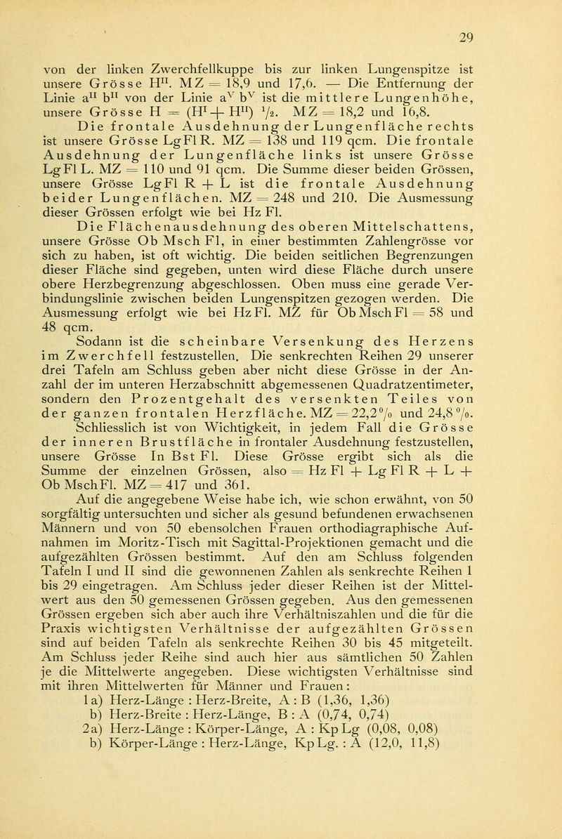 von der linken Zwerchfellkuppe bis zur linken Lungenspitze ist unsere Grösse Hn. MZ= 18,9 und 17>6. — Die Entfernung der Linie a11 b11 von der Linie av bv ist die mittlere Lungenhöhe, unsere Grösse H = (ff+H11) 7». MZ= 18,2 und 16,8. Die frontale Ausdehnung der Lungenfläche rechts ist unsere Grösse LgFIR. MZ = 138 und 119 qcm. Die frontale Ausdehnung der Lungenfläche links ist unsere Grösse Lg Fl L. MZ = 110 und 91 qcm. Die Summe dieser beiden Grössen, unsere Grösse Lg Fl R + L ist die frontale Ausdehnung beider Lungenflächen. MZ = 248 und 210. Die Ausmessung dieser Grössen erfolgt wie bei Hz Fl. Die Flächenausdehnung des oberen Mittelschattens, unsere Grösse ObMschFl, in einer bestimmten Zahlengrösse vor sich zu haben, ist oft wichtig. Die beiden seitlichen Begrenzungen dieser Fläche sind gegeben, unten wird diese Fläche durch unsere obere Herzbegrenzung abgeschlossen. Oben muss eine gerade Ver- bindungslinie zwischen beiden Lungenspitzen gezogen werden. Die Ausmessung erfolgt wie bei Hz Fl. MZ für ObMschFl = 58 und 48 qcm. Sodann ist die scheinbare Versenkung des Herzens im Zwerchfell festzustellen. Die senkrechten Reihen 29 unserer drei Tafeln am Schluss geben aber nicht diese Grösse in der An- zahl der im unteren Herzabschnitt abgemessenen Quadratzentimeter, sondern den Prozentgehalt des versenkten Teiles von der ganzen frontalen Herzfläche. MZ = 22,2 °/o und 24,8 °/o. Schliesslich ist von Wichtigkeit, in jedem Fall die Grösse der inneren Brustfläche in frontaler Ausdehnung festzustellen, unsere Grösse In Bst Fl. Diese Grösse ergibt sich als die Summe der einzelnen Grössen, also = Hz Fl -j- Lg Fl R -+- L + ObMschFl. MZ = 417 und 361. Auf die angegebene Weise habe ich, wie schon erwähnt, von 50 sorgfältig untersuchten und sicher als gesund befundenen erwachsenen Männern und von 50 ebensolchen Frauen orthodiagraphische Auf- nahmen im Moritz-Tisch mit Sagittal-Projektionen gemacht und die aufgezählten Grössen bestimmt. Auf den am Schluss folgenden Tafeln I und II sind die gewonnenen Zahlen als senkrechte Reihen 1 bis 29 eingetragen. Am Schluss jeder dieser Reihen ist der Mittel- wert aus den 50 gemessenen Grössen gegeben. Aus den gemessenen Grössen ergeben sich aber auch ihre Verhältniszahlen und die für die Praxis wichtigsten Verhältnisse der aufgezählten Grössen sind auf beiden Tafeln als senkrechte Reihen 30 bis 45 mitgeteilt. Am Schluss jeder Reihe sind auch hier aus sämtlichen 50 Zahlen je die Mittelwerte angegeben. Diese wichtigsten Verhältnisse sind mit ihren Mittelwerten für Männer und Frauen: la) Herz-Länge : Herz-Breite, A:B (1,36, 1,36) b) Herz-Breite : Herz-Länge, B : A (0,74, 0,74) 2 a) Herz-Länge : Körper-Länge, A:KpLg (0,08, 0,08) b) Körper-Länge : Herz-Länge, KpLg. :A (12,0, 11,8)