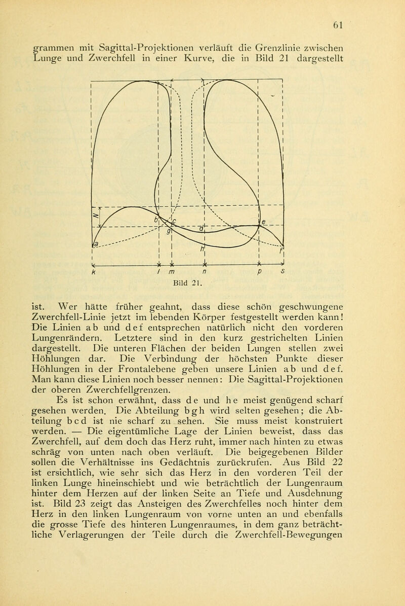 grammen mit Sagittal-Projektionen verläuft die Grenzlinie zwischen Lunge und Zwerchfell in einer Kurve, die in Bild 21 dargestellt Bild 21. ist. Wer hätte früher geahnt, dass diese schön geschwungene Zwerchfell-Linie jetzt im lebenden Körper festgestellt werden kann! Die Linien ab und def entsprechen natürlich nicht den vorderen Lungenrändern. Letztere sind in den kurz gestrichelten Linien dargestellt. Die unteren Flächen der beiden Lungen stellen zwei Höhlungen dar. Die Verbindung der höchsten Punkte dieser Höhlungen in der Frontalebene geben unsere Linien ab und def. Man kann diese Linien noch besser nennen: Die Sagittal-Projektionen der oberen Zwerchfellgrenzen. Es ist schon erwähnt, dass d e und h e meist genügend scharf gesehen werden. Die Abteilung bgh wird selten gesehen; die Ab- teilung b c d ist nie scharf zu sehen. Sie muss meist konstruiert werden. — Die eigentümliche Lage der Linien beweist, dass das Zwerchfell, auf dem doch das Herz ruht, immer nach hinten zu etwas schräg von unten nach oben verläuft. Die beigegebenen Bilder sollen die Verhältnisse ins Gedächtnis zurückrufen. Aus Bild 22 ist ersichtlich, wie sehr sich das Herz in den vorderen Teil der linken Lunge hineinschiebt und wie beträchtlich der Lungenraum hinter dem Herzen auf der linken Seite an Tiefe und Ausdehnung ist. Bild 23 zeigt das Ansteigen des Zwerchfelles noch hinter dem Herz in den linken Lungenraum von vorne unten an und ebenfalls die grosse Tiefe des hinteren Lungenraumes, in dem ganz beträcht- liche Verlagerungen der Teile durch die Zwerchfell-Bewegungen