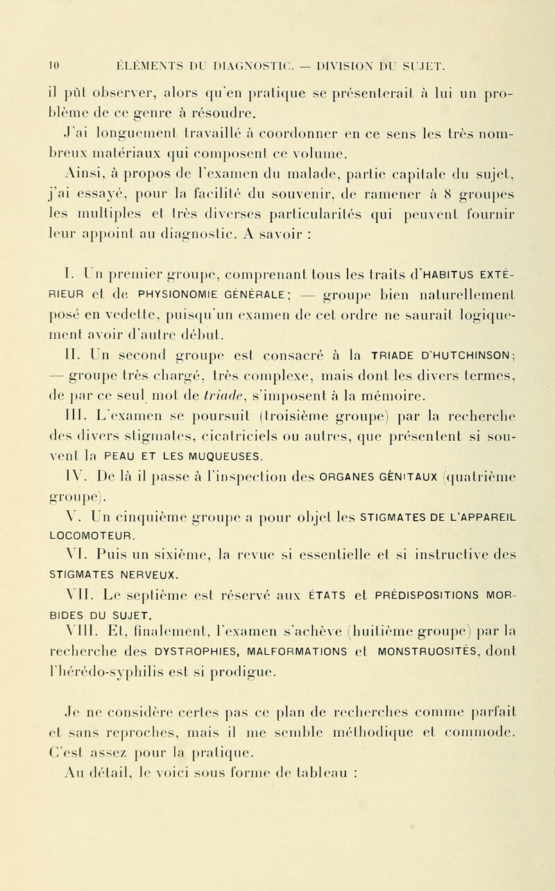 il pût observer, alors qu'en pratique se présenterait à lui un pro- blème de ce genre à résoudre. J'ai longuement travaillé à coordonner en ce sens les très nom- breux matériaux qui composent ce volume. Ainsi, à propos de l'examen du malade, partie capitale du sujet, j'ai essayé, pour la facilité du souvenir, de ramener à 8 groupes les multiples et 1res diverses particularités qui peuvent fournir leur appoint au diagnostic. A savoir : I. Un premier groupe, comprenant tous les traits d'HABirus exté- rieur et de PHYSIONOMIE GÉNÉRALE; — groupc bien naturellement posé en vedette, puis([uun examen de cet ordre ne saurait logique- ment avoir d'autre début. II. Un second groupe est consacré à la triade d'hutchinson; — groupe très chargé, très complexe, mais dont les divers termes, de par ce seul mot de triade, s'imposent à la mémoire. III. L'examen se poursuit (troisième groupe) par la recherche des divers stigmates, cicatriciels ou autres, que présentent si sou- vent la PEAU ET LES MUQUEUSES. IV. De là il passe à l'inspeclion des organes génitaux (quatrième groupe). V. Un cinquième groupe a pour objet les stigmates de l'appareil locomoteur. VI. Puis un sixième, la revue si essentielle et si instructive des stigmates nerveux. VII. Le septième est réservé aux états et prédispositions mor- bides DU SUJET. VIII. Et, finalement, l'examen s'achève (huitième groupe) par la recherche des dystrophies, malformations et monstruosités, dont rhérédo-syphilis est si prodigue. Je ne considère certes pas ce plan de recherches comme parfait et sans reproches, mais il me semble méthodique et commode. C'est assez pour la pratique. Au détail, le voici sous forme de tableau :