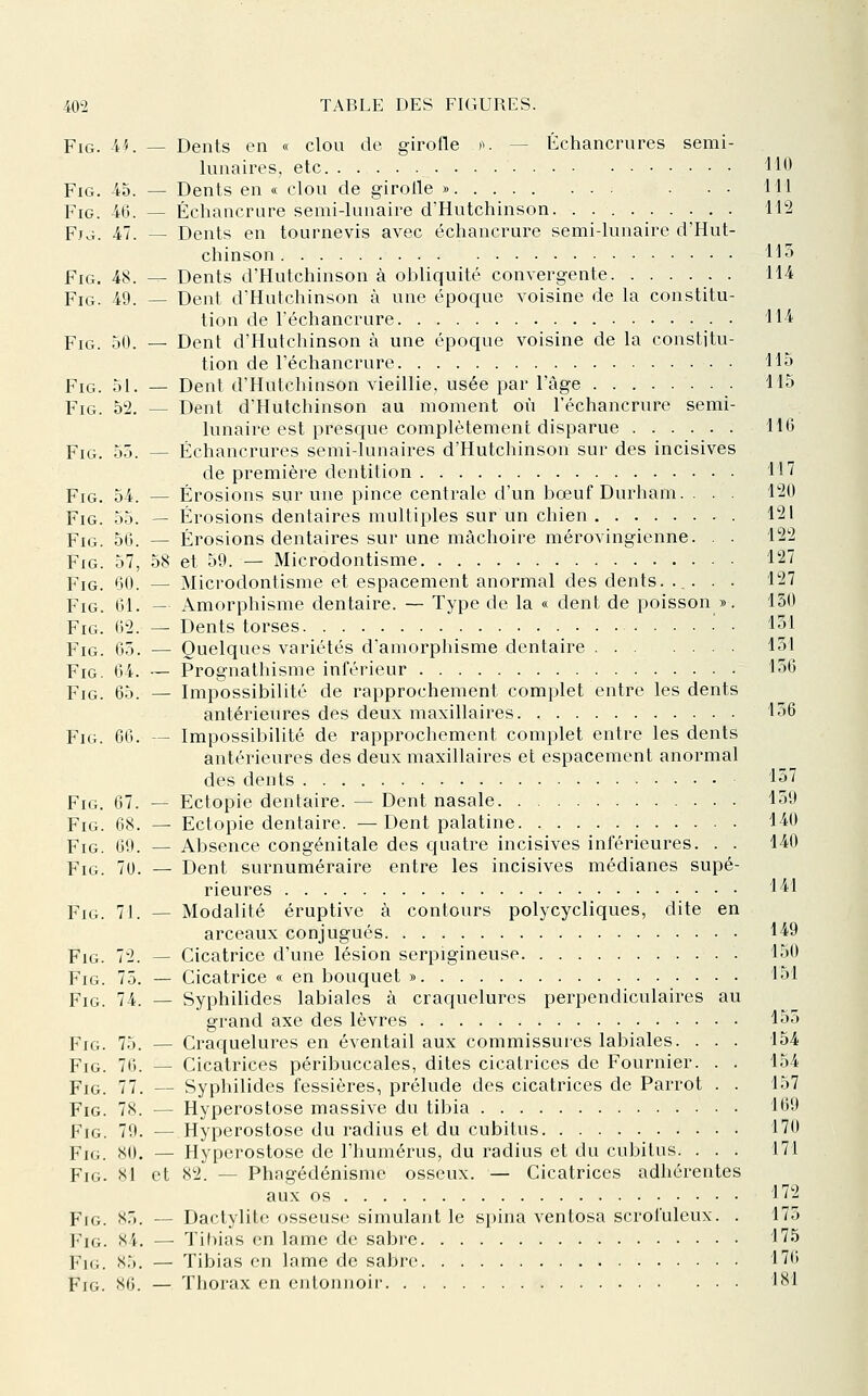 FiG. i'i. — Dents en « clou de girofle )K — Échancrures semi- lunaires, etc 110 FiG. 45. — Dents en « clou de girolle » Hl FiG. 46. — Échancrure semi-lunaire d'Hutchinson 112 FjcI. Al. — Dents en tournevis avec échancrure semi-lunaire d'Hut- chinson 115 Fig. 48. — Dents d'Hutchinson à obliquité convergente 114 FiG. 49. — Dent d'Hutchinson à une époque voisine de la constitu- tion de Féchancrure 114 Fig. 50. — Dent d'Hutchinson à une époque voisine de la constitu- tion de l'échancrure 115 Fig. 51. — Dent d'Hutchinson vieillie, usée par l'âge 115 Fig. 52. — Dent d'Hutchinson au moment où l'échancrure semi- lunaire est presque complètement disparue 110 Fig. 55. — Échancrures semi-lunaires d'Hutchinson sur des incisives de première dentition 117 Fig. 54. — Érosions sur une pince centrale d'un bœuf Durham. . . . 120 Fig. 55. — Érosions dentaires multiples sur un chien 121 Fig. 56. — Érosions dentaires sur une mâchoire mérovingienne. . 122 Fig. 57, 58 et 59. — Microdontisme 127 Fig. 60. — Microdontisme et espacement anormal des dents. ..... 127 Fig. 61. — Amorphisme dentaire. — Type de la « dent de poisson ». 130 Fig. 62. — Dents torses .' . 151 Fig. 65. — Quelques variétés d'amorphisme dentaire 131 Fig. 64. ~ Prognathisme inférieur 136 Fig. 65. — Impossibilité de rapprochement complet entre les dents antérieures des deux maxillaires 156 Fig. 60. — Impossibilité de rapprochement complet entre les dents antérieures des deux maxillaires et espacement anormal des dents 157 Fig. 67. — Ectopie dentaire. — Dent nasale 139 Fig. 68. — Ectopie dentaire. —Dent palatine 140 Fig. 69. — Absence congénitale des quatre incisives inférieures. . . 140 Fig. 70. — Dent surnuméraire entre les incisives médianes supé- rieures l'il YiG. 71. — Modalité éruptive à contours polycycliques, dite en arceaux conjugués 149 Fig. 72. — Cicatrice d'une lésion serpigineuse 150 Fig. 75. — Cicatrice « en bouquet » 151 Fig. 74. — Syphilides labiales à craquelures perpendiculaires au grand axe des lèvres 155 Fig. 75. — Craquelures en éventail aux commissures labiales. . . . 154 Fig. 76. — Cicatrices péribuccales, dites cicatrices de Fournier. . . 154 Fig. 77. — Syphilides fessières, prélude des cicatrices de Parrot . . 157 Fig. 78. — Hyperostose massive du tibia 169 Fig. 79. — Hyperostose du radius et du cubitus 170 Fig. 80. — Hyperostose de l'humérus, du radius et du cubitus. . . . 171 Fig. 81 et 82. — Phagédénisme osseux. — Cicatrices adhérentes aux os 172 Fjg. 8.). — Dactylite osseuse simulant le spina ventosa scrofuleux. . 175 Fig. 84. — Tihias en lame de sabre 175 FiG. 85. — Tibias en lame de sabre 170 Fig. ><<). — Thorax en entonnoir 181