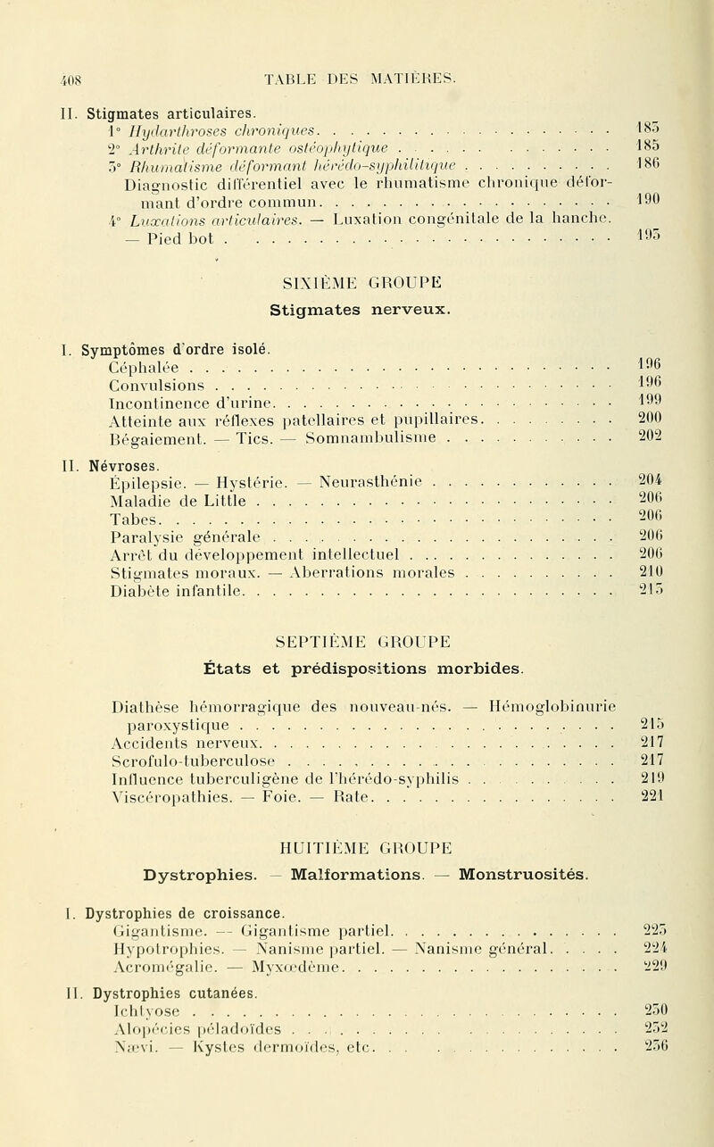 II. Stigmates articulaires. 1° Ilydarthroses chroniques 185 2° Arthrite déformante ostéophytique 185 0° Rhumatisme déformant hérédo-sypliilitique '186 Diagnostic dilTérentiel avec le rhumatisme chronique dél'or- mant d'ordre commun 190 .4° Luxations articidaires. — Luxation congénitale de la hanche. — Pied bot 195 SIXIÈME GROUPE Stigmates nerveux. 196 I. Symptômes d'ordre isolé. Céphalée Convulsions 196 Incontinence d'urine 199 Atteinte aux réflexes patellaires et pupillaires 200 Bégaiement. — Tics. — Somnambulisme 202 IL Névroses. Épilepsie. — Hystérie. — Neurasthénie 204 Maladie de Little 206 Tabès 206 Paralysie générale 206 Arrêt du développement intellectuel 200 Stigmates moraux. — Aberrations morales 210 Diabète infantile 215 SEPTIÈME GROUPE États et prédispositions morbides. Diathèse hémorragique des nouveau-nés. — Hémoglobinurie paroxystique 215 Accidents nerveux 217 Scrofulo-tuberculose . . 217 Influence tuberculigène de l'hérédo-syphilis 219 Viscéropathies. — Foie. — Rate 221 HUITIÈME GROUPE Dystrophies. — Malformations. — Monstruosités. Dystrophies de croissance. Gigantisme. — Gigantisme partiel 225 Hypotrophies. — Nanisme partiel. — Nanisme général. .... 224 Acromc'-galie. — Myxœdème !229 . Dystrophies cutanées. Ichtyose 250 Alopécies péladoïdes 252 N;evi. — Kystes dermoïdes, etc 256