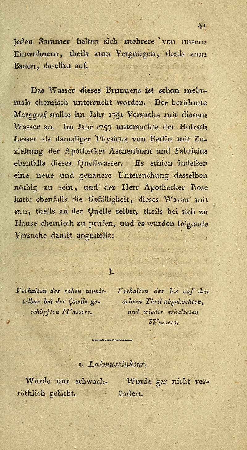 jeden Soriimer halten sich mehrere von unsern Em wohnern, theils zum Vergnügen, theils zum Baden, daselbst auf. Das Wasser dieses Brunnens ist schon mehr- mals chemisch untersucht worden. Der berühmte Marggraf stellte im Jahr 1751 Versuche mit diesem W^asser an. Im Jahr 1757 untersuchte der Hofrath, Lesser als damaliger 'Physicus von Berlin mit Zu- ziehung der Apothecker Aschenborn und Fabricius ebenfalls dieses Queliwasser. Es schien indefser» eine neue und genauere Untersuchung desselben nöthig zu sein, und der Herr Apothecker Rose hatte ebenfalls die Gefälligkeit, dieses Wasser mit mir, theils an der Quelle selbst, theils bei sich zu Hause chemisch zu prüfen, und es wurden folgende Versuche damit angestellt: I. Verhalten des rohen tinmit- Verhalten des his auf den telbar hei der Quelle ge- achten Theil ahgekochten, schöpften Vl^assers. und wieder erkalteten Vl^assers. I. Lakinustinktnr. Wurde nur schwach- Wurde gar nicht ver- röthlich gefärbt. ändert.