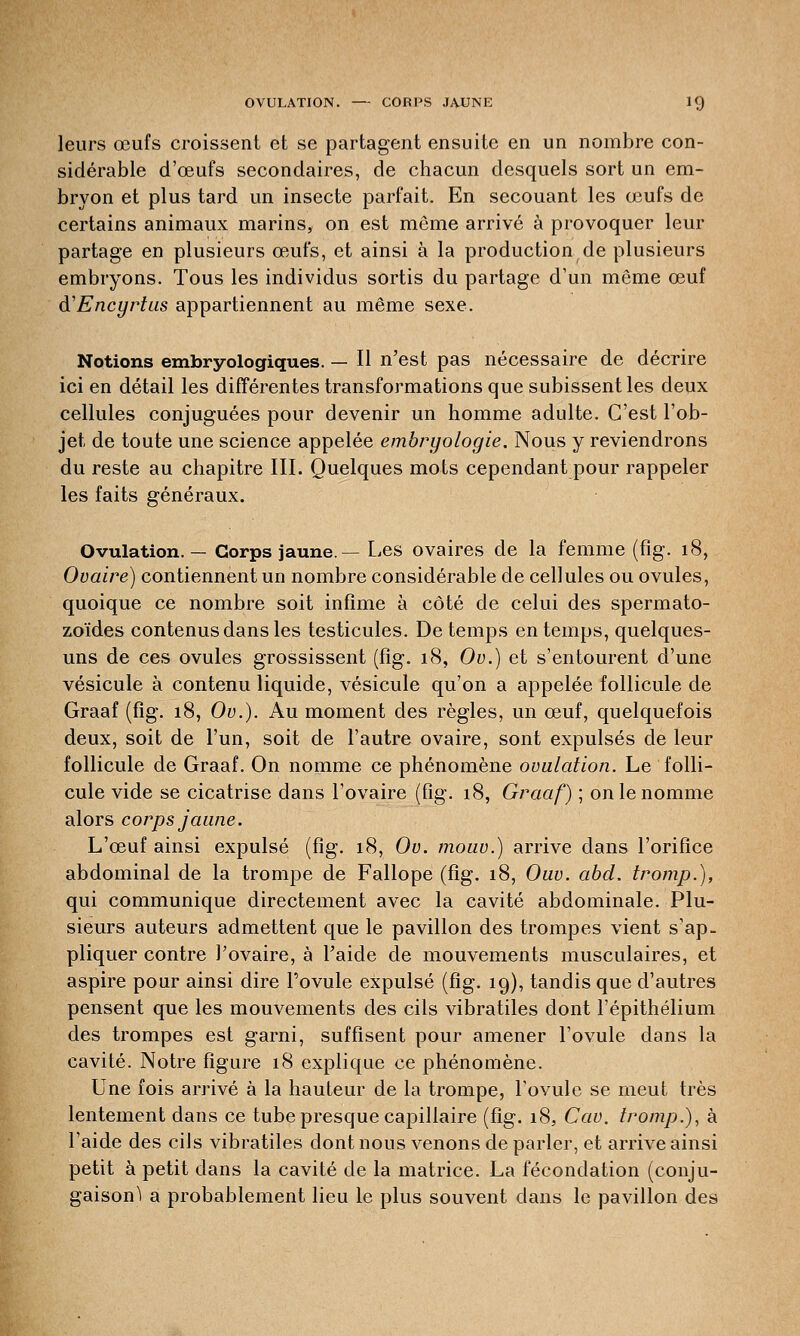 OVULATION. — CORPS JAUNE K) leurs œufs croissent et se partagent ensuite en un nombre con- sidérable d'ceufs secondaires, de chacun desquels sort un em- bryon et plus tard un insecte parfait. En secouant les œufs de certains animaux marins, on est même arrivé à provoquer leur partage en plusieurs œufs, et ainsi à la production de plusieurs embryons. Tous les individus sortis du partage d'un même œuf d'Encyrtus appartiennent au même sexe. Notions embryologiques. — Il n'est pas nécessaire de décrire ici en détail les différentes transformations que subissent les deux cellules conjuguées pour devenir un homme adulte. C'est l'ob- jet de toute une science appelée embryologie. Nous y reviendrons du reste au chapitre III. Quelques mots cependant pour rappeler les faits généraux. Ovulation.— Corps jaune.— Les ovaires de la femme (fig. 18, Ovaire) contiennent un nombre considérable de cellules ou ovules, quoique ce nombre soit infime à côté de celui des spermato- zoïdes contenus dans les testicules. De temps en temps, quelques- uns de ces ovules grossissent (fîg. 18, Ov.) et s'entourent d'une vésicule à contenu liquide, vésicule qu'on a appelée follicule de Graaf (fig. 18, Ov.). Au moment des règles, un œuf, quelquefois deux, soit de l'un, soit de l'autre ovaire, sont expulsés de leur follicule de Graaf. On nomme ce phénomène ovulation. Le folli- cule vide se cicatrise dans l'ovaire (fig. 18, Graaf) ; on le nomme alors corps jaune. L'œuf ainsi expulsé (fig. 18, Ov. mouv.) arrive dans l'orifice abdominal de la trompe de Fallope (fig. 18, Ouv. abd. tromp.), qui communique directement avec la cavité abdominale. Plu- sieurs auteurs admettent que le pavillon des trompes vient s'ap- pliquer contre l'ovaire, à l'aide de mouvements musculaires, et aspire pour ainsi dire l'ovule expulsé (fig. 19), tandis que d'autres pensent que les mouvements des cils vibratiles dont l'épithélium des trompes est garni, suffisent pour amener l'ovule dans la cavité. Notre figure 18 explique ce phénomène. Une fois arrivé à la hauteur de la trompe, l'ovule se meut très lentement dans ce tube presque capillaire (fig. 18, Cav. tromp.), à l'aide des cils vibratiles dont nous venons de parler, et arrive ainsi petit à petit dans la cavité de la matrice. La fécondation (conju- gaison ) a probablement lieu le plus souvent dans le pavillon des