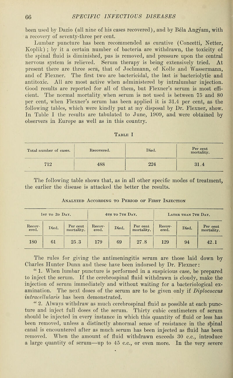 been used by Dazio (all nine of his cases recovered), and by Bela Angyam, with a recovery of seventy-three per cent. Lumbar puncture has been recommended as curative (Concetti, Netter, Koplik) ; by it a certain number of bacteria are withdrawn, the toxicity of the spinal fluid is diminished, pus is removed, and pressure upon the central nervous system is relieved. Serum therapy is being extensively tried. At present there are three sera, that of Jochmann, of Kolle and Wassermann, and of Flexner. The first two are bactericidal, the last is bacteriolytic and antitoxic. All are most active when administered by intralumbar injection. Good results are reported for all of them, but Plexner's serum is most effi- cient. The normal mortality when serum is not used is between 75 and 80 per cent, when Flexner's serum has been applied it is 31.4 per cent, as the following tables, which were kindly put at my disposal by Dr. Flexner, show. In Table I the results are tabulated to June, 1909, and were obtained by observers in Europe as well as in this country. Table I Total number of cases. Recovered. Died. Per cent mortality. 712 488 224 31.4 The following table shows that, as in all other specific modes of treatment, the earlier the disease is attacked the better the results. Analyzed Accokding to Period of First Injection 1st to 3d Day. 4th to 7th Day. Later than 7th Day. Recov- ered. Died. Per cent mortality. Recov- ered. Died. Per cent mortality. Recov- ered. Died. Per cent mortality. 180 61 25.3 179 69 27.8 129 94 42.1 The rules for giving the antimeningitis serum are those laid down by Charles Hunter Dunn and these have been indorsed by Dr. Flexner:  1. When lumbar puncture is performed in a suspicious case, be prepared to inject the serum. If the cerebrospinal fluid withdrawn is cloudy, make the injection of serum immediately and without waiting for a bacteriological ex- amination. The next doses of the serum are to be given only if Diplococcus intracellularis has been demonstrated. 3. Always withdraw as much cerebrospinal fluid as possible at each punc- ture and inject full doses of the serum. Thirty cubic centimeters of serum should be injected in every instance in which this quantity of fluid or less has been removed, unless a distinctly abnormal sense of resistance in the spinal canal is encountered after as much serum has been injected as fluid has been removed. When the amount of fluid withdrawn exceeds 30 e.c, introduce a large quantity of serum—up to 45 c.c, or even more. In the very severe