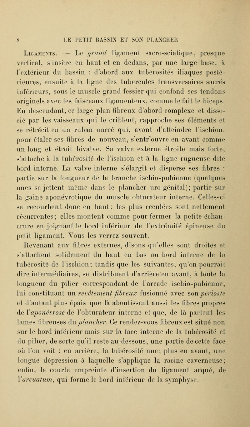 Ligaments. — Le grand ligament sacro-scialique, presque vertical, s'insère en haut et en dedans, par une large base, à l'extérieur du bassin : d'abord aux tubérosités iliaques posté- rieures, ensuite à la ligne des tubercules transversales sacrés intérieurs, sous le muscle grand fessier qui confond ses tendons originels avec les faisceaux ligamenteux, comme lofait le biceps. En descendant, ce large plan fibreux d'abord complexe et disso- cié par les vaisseaux qui le criblent, rapproche ses éléments et se rétrécit en un ruban nacré qui, avant d'atteindre l'ischion, pour étaler ses fibres de nouveau, s'entr'ouvre en avant comme un long et étroit bivalve. Sa valve externe étroite mais forte, s'attache à la tubérosité de l'ischion et à la ligne rugueuse dite bord interne. La valve interne s'élargit et disperse ses libres : partie sur la longueur de la branche ischio-pubienne (quelques unes se jettent même dans le plancher uro-génital); partie sur la gaine aponévrotique du muscle obturateur interne. Celles-ci se recourbent donc en haut; les plus reculées sont nettement récurrentes; elles montent comme pour fermer la petite échan- crure en joignant le bord inférieur de l'extrémité épineuse du petit ligament. Vous les verrez souvent. Revenant aux fibres externes, disons qu'elles sont droites et s'attachent solidement du haut en bas au bord interne de la tubérosité de l'ischion; tandis que les suivantes, qu'on pourrait dire intermédiaires, se distribuent d'arrière en avant, à toute la longueur du pilier correspondant de l'arcade ischio-pubienne, lui constituant un revêtement fibreux fusionné avec son périoste et d'autant plus épais que là aboutissent aussi les fibres propres de Y aponévrose de l'obturateur interne et que, de là partent les lames fibreuses Au plancher. Ce rendez-vous fibreux est situé non sur le bord inférieur mais sur la face interne de la tubérosité et du pilier, de sorte qu'il reste au-dessous, une partie de cette face où l'on voit : en arrière, la tubérosité nue; plus en avant, une longue dépression à laquelle s'applique la racine caverneuse; enfin, la courte empreinte d'insertion du ligament arqué, de Yarcuatum, qui forme le bord inférieur de la symphyse.