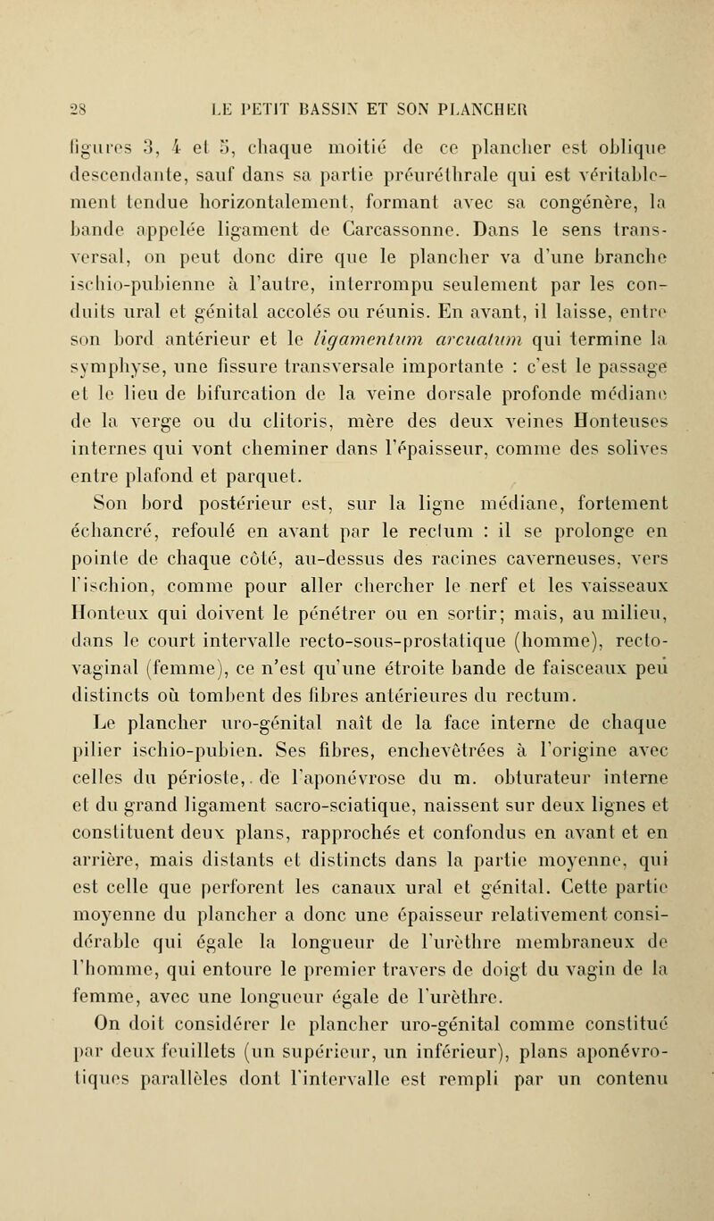 figures .'{, 4 el 5, chaque moitié de ce plancher est oblique descendante, sauf dans sa partie préuréthrale qui est véritable- ment tendue horizontalement, formant avec sa congénère, la bande appelée ligament de Carcassonne. Dans le sens trans- versal, on peut donc dire que le plancher va d'une branche îschio-pubienne à l'autre, interrompu seulement par les con- duits ural et génital accolés ou réunis. En avant, il laisse, entre son bord antérieur et le ligamentum arcuatiim qui termine la symphyse, une fissure transversale importante : c'est le passage et le lieu de bifurcation de la veine dorsale profonde médiane de la verge ou du clitoris, mère des deux veines Honteuses internes qui vont cheminer dans l'épaisseur, comme des solives entre plafond et parquet. Son bord postérieur est, sur la ligne médiane, fortement échancré, refoulé en avant par le reclum : il se prolonge en pointe de chaque côté, au-dessus des racines caverneuses, vers l'ischion, comme pour aller chercher le nerf et les vaisseaux Honteux qui doivent le pénétrer ou en sortir; mais, au milieu, dans le court intervalle recto-sous-prostatique (homme), recto- vaginal (femme), ce n'est qu'une étroite bande de faisceaux peu distincts où tombent des fibres antérieures du rectum. Le plancher uro-génital naît de la face interne de chaque pilier ischio-pubien. Ses fibres, enchevêtrées à l'origine avec celles du périoste,, de l'aponévrose du m. obturateur interne et du grand ligament sacro-sciatique, naissent sur deux lignes et constituent deux plans, rapprochés et confondus en avant et en arrière, mais distants et distincts dans la partie moyenne, qui est celle que perforent les canaux ural et génital. Cette partie moyenne du plancher a donc une épaisseur relativement consi- dérable qui égale la longueur de l'urèthre membraneux de l'homme, qui entoure le premier travers de doigt du vagin de la femme, avec une longueur égale de l'urèthre. On doit considérer le plancher uro-génital comme constitué par deux feuillets (un supérieur, un inférieur), plans aponévro- tiques parallèles dont l'intervalle est rempli par un contenu