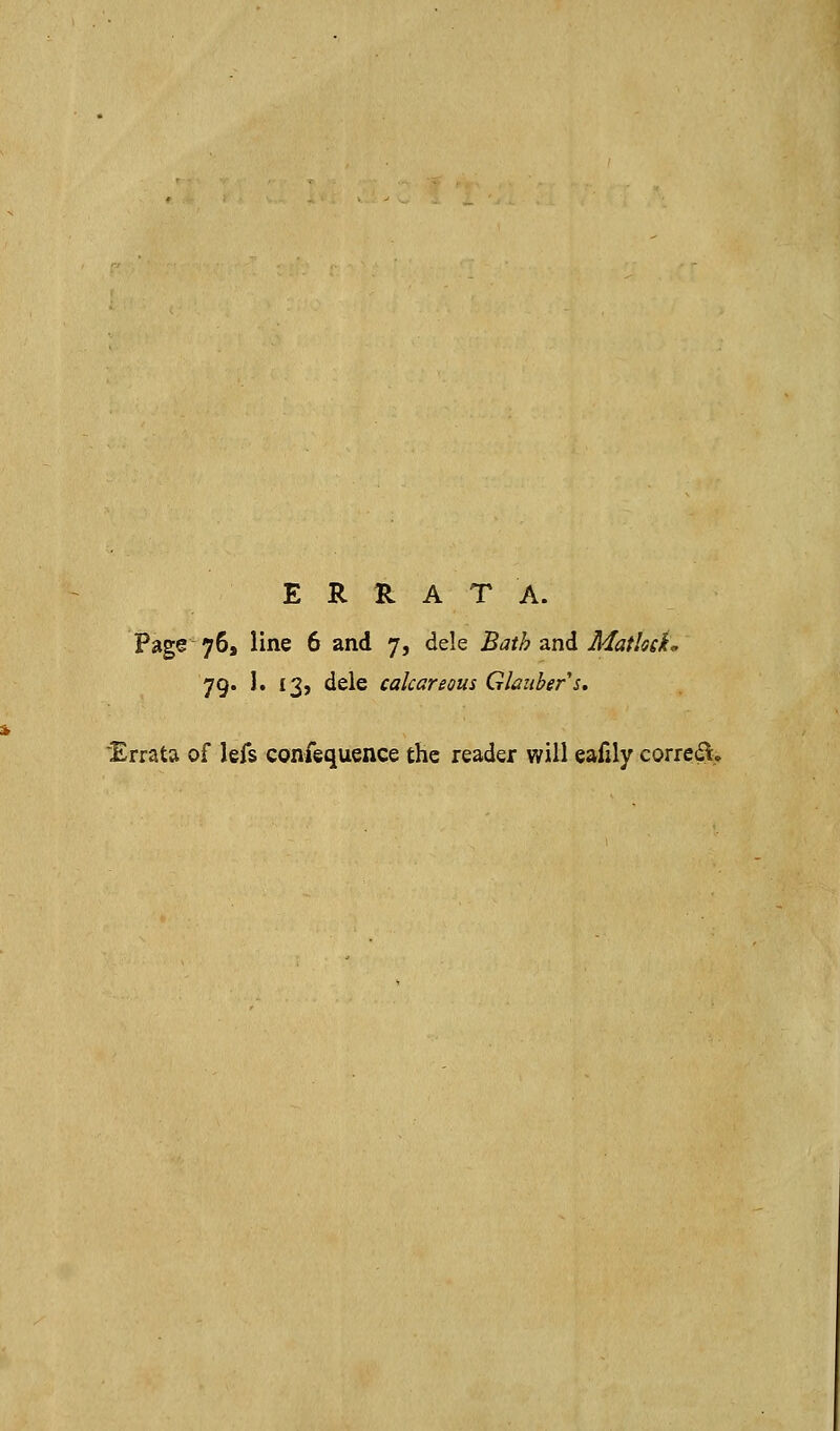 ERRATA. Page 76, line 6 and 7, dele Bath and Matlsek, 79* !• I3> ^sle calcareous Glauber s, Errata of lefs confequence the reader will eafily coriedl.