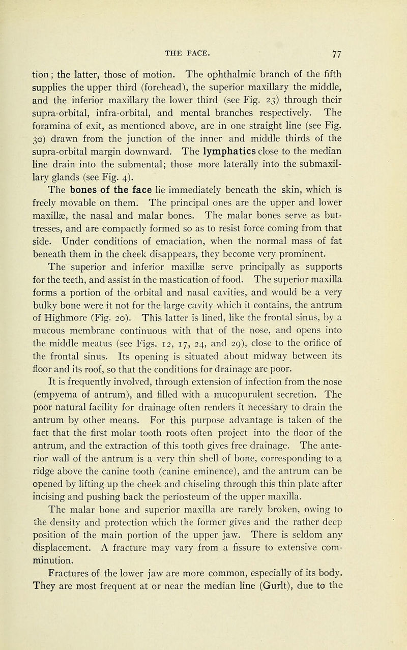tion; the latter, those of motion. The ophthalmic branch of the fifth supplies the upper third (forehead), the superior maxillary the middle, and the inferior maxillary the lower third (see Fig. 23) through their supra-orbital, infra-orbital, and mental branches respectively. The foramina of exit, as mentioned above, are in one straight line (see Fig. 30) drawn from the junction of the inner and middle thirds of the supra-orbital margin downward. The lymphatics close to the median line drain into the submental; those more laterally into the submaxil- lary glands (see Fig. 4). The bones of the face lie immediately beneath the skin, which is freely movable on them. The principal ones are the upper and lower maxillas, the nasal and malar bones. The malar bones serve as but- tresses, and are compactly formed so as to resist force coming from that side. Under conditions of emaciation, when the normal mass of fat beneath them in the cheek disappears, they become very prominent. The superior and inferior maxilke serve principally as supports for the teeth, and assist in the mastication of food. The superior maxilla forms a portion of the orbital and nasal cavities, and would be a very bulky bone were it not for the large cavity which it contains, the antrum of Highmore (Fig. 20). This latter is lined, like the frontal sinus, by a mucous membrane continuous with that of the nose, and opens into the middle meatus (see Figs. 12, 17, 24, and 29), close to the orifice of the frontal sinus. Its opening is situated about midway between its floor and its roof, so that the conditions for drainage are poor. It is frequently involved, through extension of infection from the nose (empyema of antrum), and filled with a mucopurulent secretion. The poor natural facility for drainage often renders it necessary to drain the antrum by other means. For this purpose advantage is taken of the fact that the first molar tooth roots often project into the floor of the antrum, and the extraction of this tooth gives free drainage. The ante- rior wall of the antrum is a very thin shell of bone, corresponding to a ridge above the canine tooth (canine eminence), and the antrum can be opened by lifting up the cheek and chiseling through this thin plate after incising and pushing back the periosteum of the upper maxilla. The malar bone and superior maxilla are rarely broken, owing to the density and protection which the former gives and the rather deep position of the main portion of the upper jaw. There is seldom any displacement. A fracture may vary from a fissure to extensive com- minution. Fractures of the lower jaw are more common, especially of its body. They are most frequent at or near the median line (Gurlt), due to the
