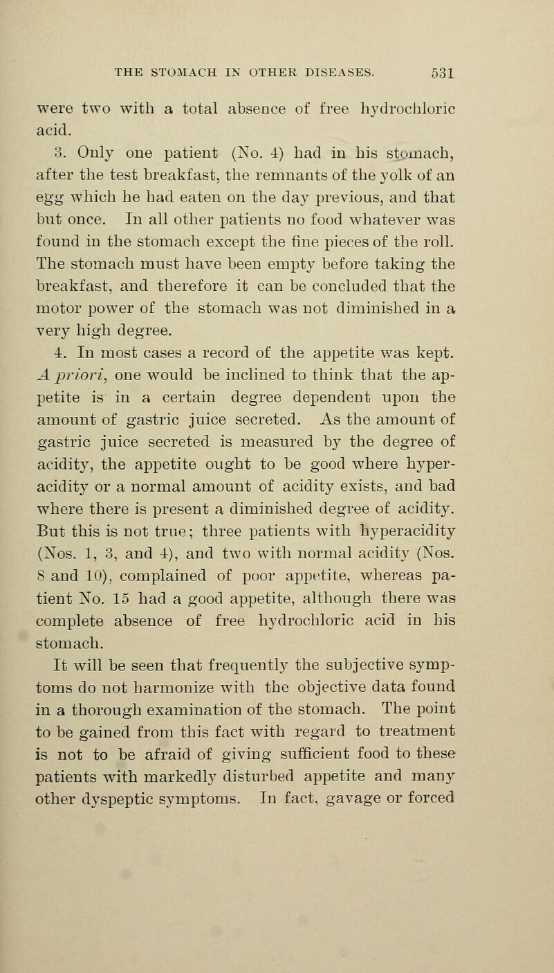 were two with a total absence of free hydrochloric acid. 3. Only one patient (No. 4) had in his stomach, after the test breakfast, the remnants of the yolk of an egg which he had eaten on the day previous, and that but once. In all other patients no food whatever was found in the stomach except the tine pieces of the roll. The stomach must have been empty before taking the breakfast, and therefore it can be concluded that the motor power of the stomach was not diminished in a very high degree. ■i. In most cases a record of the appetite was kept. A priori, one would be inclined to think that the ap- petite is in a certain degree dependent upon the amount of gastric juice secreted. As the amount of gastric juice secreted is measured by the degree of acidity, the appetite ought to be good where hyper- acidity or a normal amount of acidity exists, and bad where there is present a diminished degree of acidity. But this is not true; three patients with hyperacidity (Nos. 1, 3, and 4), and two with normal acidity (Nos. 8 and 10), complained of poor appetite, whereas pa- tient No. 15 had a good appetite, although there was complete absence of free hydrochloric acid in his stomach. It will be seen that frequently the subjective symp- toms do not harmonize with the objective data found in a thorough examination of the stomach. The point to be gained from this fact with regard to treatment is not to be afraid of giving sufficient food to these patients with markedly disturbed appetite and many other dyspeptic symptoms. In fact, gavage or forced