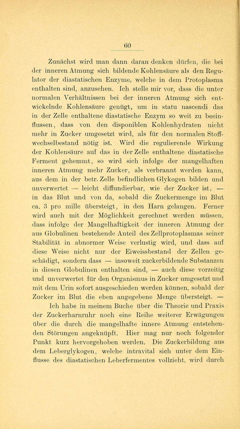 Zunächst wird man dann daran denken dürfen, die bei der inneren Atmung sich bildende Kohlensäure als den Regu- lator der diastatischen Enzyme, welche in dem Protoplasma enthalten sind, anzusehen. Ich stelle mir vor, dass die unter normalen Verhältnissen bei der inneren Atmung sich ent- wickelnde Kohlensäure genügt, um in statu nascendi das in der Zelle enthaltene diastatische Enzym so weit zu beein- flussen , dass von den disponiblen Kohlenhydraten nicht mehr in Zucker umgesetzt wird, als für den normalen Stoff- wechselbestand nötig ist. Wird die regulierende Wirkung der Kohlensäure auf das in der Zelle enthaltene diastatische Ferment gehemmt, so wird sich infolge der mangelhaften inneren Atmung mehr Zucker, als verbrannt werden kann, aus dem in der betr. Zelle befindlichen Glykogen bilden und unverwertet — leicht diffundierbar, wie der Zucker ist, — in das Blut und von da, sobald die Zuckermenge im Blut ca. 3 pro mille übersteigt, in den Harn gelangen. Ferner wird auch mit der Möglichkeit gerechnet werden müssen, dass infolge der Mangelhaftigkeit der inneren Atmung der aus Globulinen bestehende Anteil des Zellprotoplasmas seiner Stabilität in abnormer Weise verlustig wird, und dass auf diese Weise nicht nur der Eiweissbestand der Zellen ge- schädigt, sondern dass — insoweit zuckerbildende Substanzen in diesen Globulinen enthalten sind, — auch diese vorzeitig und unverwertet für den Organismus in Zucker umgesetzt und mit dem Urin sofort ausgeschieden werden können, sobald der Zucker im Blut die eben angegebene Menge übersteigt. — Ich habe in meinem Buche über die Theorie und Praxis der Zuckerharnruhr noch eine Reihe weiterer Erwägungen über die durch die mangelhafte innere Atmung entstehen- den Störungen angeknüpft. Hier mag nur noch folgender Punkt kurz hervorgehoben werden. Die Zuckerbildung aus dem Leberglykogen, welche intravital sich unter dem Ein- flüsse des diastatischen Leberfermentes vollzieht, wird durch