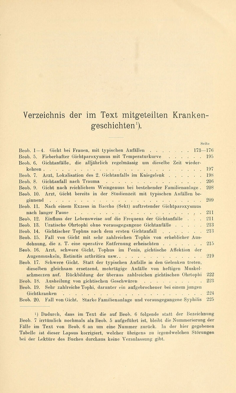Verzeichnis der im Text mitgeteilten Kranken- geschichten'). Seite Beob. 1 — 4. Gicht bei Frauen, mit typischen Anfällen 173—176 Beob. 5. Fieberhafter Gichtparoxysmus mit Temperaturkurve 195 Beob. 6. Gichtanfälle, die alljährlich regelmässig um dieselbe Zeit wieder- kehren 197 Beob. 7. Arzt, Lokalisation des 2. Gichtanfalls im Kniegelenk 198 Beob. 8. Gichtanfall nach Trauma 206 Beob. 9. Gricht nach reichlichem Weingenuss bei bestehender Familienanlage . 208 Beob. 10. Arzt, Gicht bereits in der Studienzeit mit typischen Anfällen be- ginnend 209 Beob. 11. Nach einem Exzess in Baccho (Sekt) auftretender Gichtparoxysmus nach langer Pause 211 Beob. 12. Einfluss der Lebensweise auf die Frequenz der Gichtanfälle . . . 211 Beob. 13. Uratische Ohrtophi ohne vorausgegangene Gichtanfälle 213 Beob. 14. Gichtischer Tophus nach dem ersten Gichtanfall 213 Beob. 15. Fall von Gicht mit sehr zahlreichen Tophis von erheblicher Aus- dehnung, die z. T. eine operative Entfernung erheischten 215 Beob. 16. Arzt, schwere Gicht, Tophus im Penis, gichtische Affektion der Augenmuskeln, Retinitis arthritica usw 219 Beob. 17. Schwere Gicht. Statt der typischen Anfälle in den Gelenken treten, dieselben gleichsam ersetzend, mehrtägige Anfälle von heftigen Muskel- schmerzen auf. Rückbildung der überaus zahlreichen gichtischen Ohrtophi 222 Beob. 18. Ausheilung von gichtischen Geschwüren 223 Beob. 19. Sehr zahlreiche Tophi, darunter ein aufgebrochener bei einem jungen Gichtkranken 224 Beob. 20. Fall von Gicht. Starke Familienanlage und vorausgegangene Syphilis 225 1) Dadurch, dass im Text die auf Beob. 6 folgende statt der Bezeichnung Beob. 7 irrtümlich nochmals als Beob. 5 aufgeführt ist, bleibt die Nummerierung der Fälle im Text von Beob. 6 an um eine Nummer zurück. In der hier gegebenen Tabelle ist dieser Lapsus korrigiert, welcher übrigens zu irgendwelchen Störungen bei der Lektüre des Buches durchaus keine Veranlassung gibt.