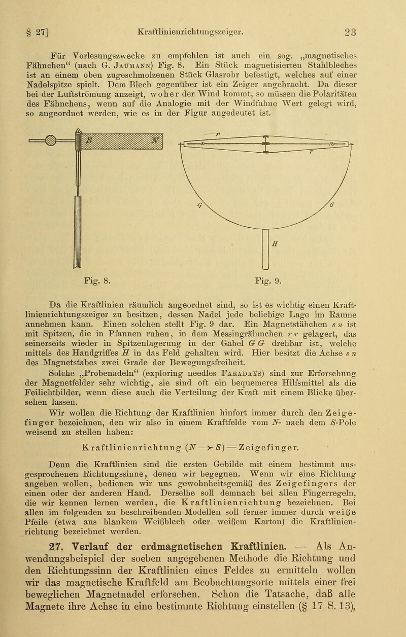 Für Vorlesungszwecke zu empfehlen ist auch ein sog. „magnetisches Fähnchen (nach G. Jattmann) Fig. 8. Ein Stück magnetisierten Stahlbleches ist an einem oben zugeschmolzenen Stück Glasrohr befestigt, welches auf einer Nadelspitze spielt. Dem Blech gegenüber ist ein Zeiger angebracht. Da dieser bei der Luftströmung anzeigt, woher der Wind kommt, so müssen die Polaritäten des Fähnchens, wenn auf die Analogie mit der Windfahne Wert gelegt wird, so angeordnet werden, wie es in der Figur angedeutet ist. Fig. 8. Fig. 9. Da die Kraftlinien räumlich angeordnet sind, so ist es wichtig einen Kraft- linieniichtungszeiger zu besitzen, dessen Nadel jede beliebige Lage im Eaume annehmen kann. Einen solchen stellt Fig. 9 dar. Ein Magnetstäbchen s n ist mit Spitzen, die in Pfannen ruhen, in dem Messingrähmchen r r gelagert, das seinerseits wieder in Spitzenlagerung in der Gabel & G drehbar ist, welche mittels des Handgriffes 3 in das Feld gehalten wird. Hier besitzt die Achse s n des Magnetstabes zwei Grade der Bewegungsfreiheit. Solche „Probenadeln (exploring needles Faeadays) sind zur Erforschung der Magnetfelder sehr wichtig, sie sind oft ein bequemeres Hilfsmittel als die Feilichtbilder, wenn diese auch die Verteilung der Kraft mit einem Blicke über- sehen lassen. Wir wollen die Richtung der Kraftlinien hinfort immer durch den Zeige- finger bezeichnen, den wir also in einem Kraftfelde vom N- nach dem S-Pole weisend zu stellen haben: Kraftlinienrichtung (N—>-£) = Zeigefinger. Denn die Kraftlinien sind die ersten Gebilde mit einem bestimmt aus- gesprochenen Richtnngssinne, denen wir begegnen. Wenn wir eine Richtung angeben wollen, bedienen wir uns gewohnheitsgemäß des Zeigefingers der einen oder der anderen Hand. Derselbe soll demnach bei allen Fingerregeln, die wir kennen lernen werden, die Kraftlinienrichtung bezeichnen. Bei allen im folgenden zu beschreibenden Modellen soll ferner immer durch weiße Pfeile (etwa aus blankem Weißblech oder weißem Karton) die Kraftlinien- richtung bezeichnet werden. 27. Verlauf der erdmagnetischen Kraftlinien. — Als An- wendungsbeispiel der soeben angegebenen Methode die Richtung und den Richtungssinn der Kraftlinien eines Feldes zu ermitteln wollen wir das magnetische Kraftfeld am Beobachtungsorte mittels einer frei beweglichen Magnetnadel erforschen. Schon die Tatsache, daß alle Magnete ihre Achse in eine bestimmte Richtung einstellen (§ 17 S. 13),