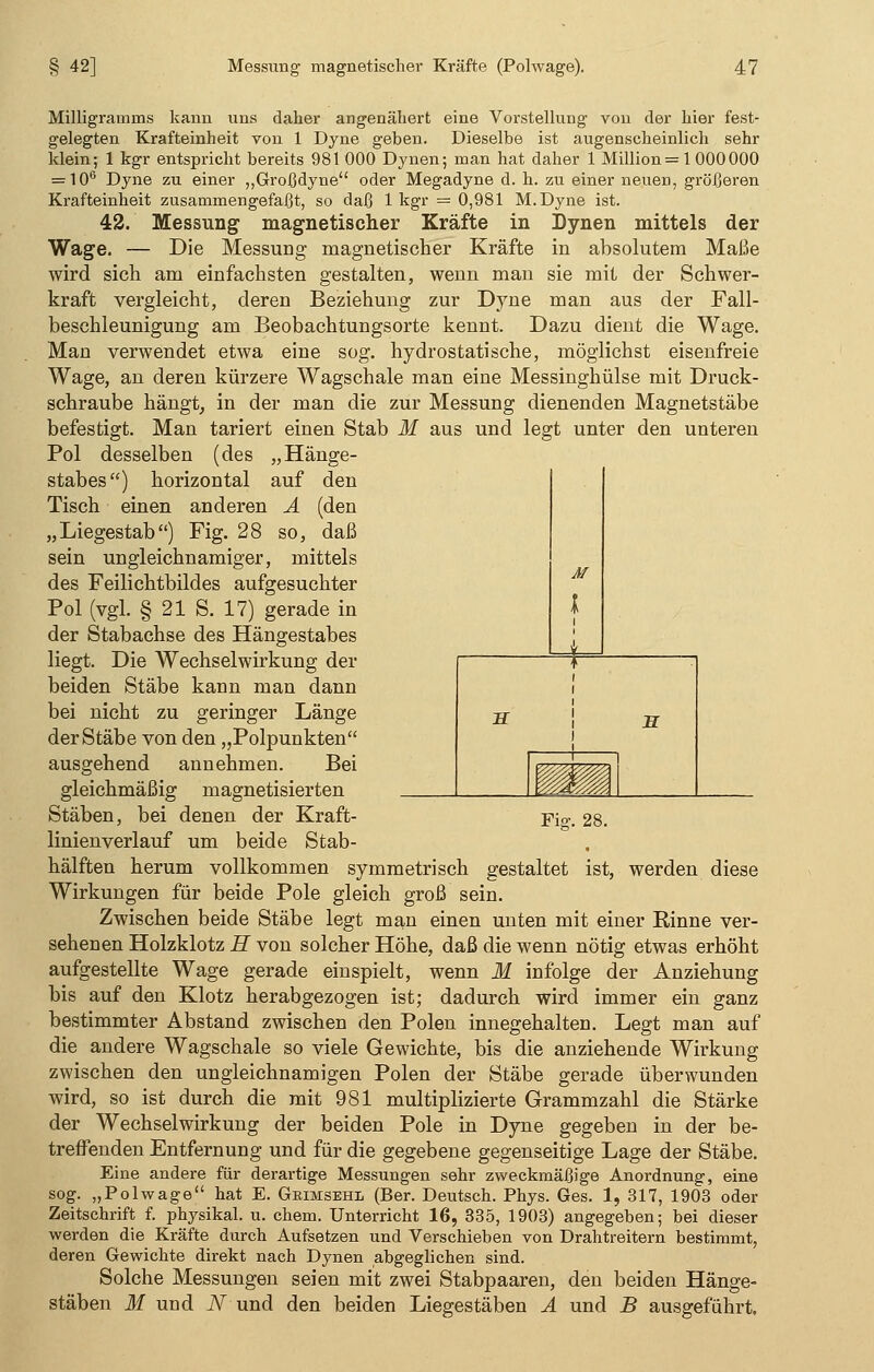 Milligramms kann uns daher angenähert eine Vorstellung von der hier fest- gelegten Krafteinheit von 1 Dyne geben. Dieselbe ist augenscheinlich sehr klein; 1 kgr entspricht bereits 981 000 Dynen; man hat daher 1 Million = 1 000000 = 106 Dyne zu einer „Großdyne oder Megadyne d. h. zu einer neuen, größeren Krafteinheit zusammengefaßt, so daß 1 kgr = 0,981 M.Dyne ist. 42. Messung magnetischer Kräfte in Dynen mittels der Wage. — Die Messung magnetischer Kräfte in absolutem Maße wird sich am einfachsten gestalten, wenn man sie mit der Schwer- kraft vergleicht, deren Beziehung zur Dyne man aus der Fall- beschleunigung am Beobachtungsorte kennt. Dazu dient die Wage. Man verwendet etwa eine sog. hydrostatische, möglichst eisenfreie Wage, an deren kürzere Wagschale man eine Messinghülse mit Druck- schraube hängt, in der man die zur Messung dienenden Magnetstäbe befestigt. Man tariert einen Stab M aus und legt unter den unteren Pol desselben (des „Hänge- stabes) horizontal auf den Tisch einen anderen A (den „Liegestab) Fig. 28 so, daß sein ungleichnamiger, mittels des Feilichtbildes aufgesuchter Pol (vgl. § 21 S. 17) gerade in der Stabachse des Hängestabes liegt. Die Wechselwirkung der beiden Stäbe kann man dann bei nicht zu geringer Länge der Stäbe von den „Polpunkten ausgehend annehmen. Bei gleichmäßig magnetisierten Stäben, bei denen der Kraft- linienverlauf um beide Stab- hälften herum vollkommen symmetrisch gestaltet ist, werden diese Wirkungen für beide Pole gleich groß sein. Zwischen beide Stäbe legt man einen unten mit einer Rinne ver- sehenen Holzklotz H von solcher Höhe, daß die wenn nötig etwas erhöht aufgestellte Wage gerade einspielt, wenn M infolge der Anziehung bis auf den Klotz herabgezogen ist; dadurch wird immer ein ganz bestimmter Abstand zwischen den Polen innegehalten. Legt man auf die andere Wagschale so viele Gewichte, bis die anziehende Wirkung zwischen den ungleichnamigen Polen der Stäbe gerade überwunden wird, so ist durch die mit 981 multiplizierte Grammzahl die Stärke der Wechselwirkung der beiden Pole in Dyne gegeben in der be- treifenden Entfernung und für die gegebene gegenseitige Lage der Stäbe. Eine andere für derartige Messungen sehr zweckmäßige Anordnung, eine sog. „Polwage hat E. Geimsehl (Ber. Deutsch. Phys. Ges. 1, 317, 1903 oder Zeitschrift f. physikal. u. ehem. Unterricht 16, 335, 1903) angegeben; bei dieser werden die Kräfte durch Aufsetzen und Verschieben von Drahtreitern bestimmt, deren Gewichte direkt nach Dynen abgeglichen sind. Solche Messungen seien mit zwei Stabpaaren, den beiden Hänge- stäben M und N und den beiden Liegestäben A und B ausgeführt. Fiar. 28.